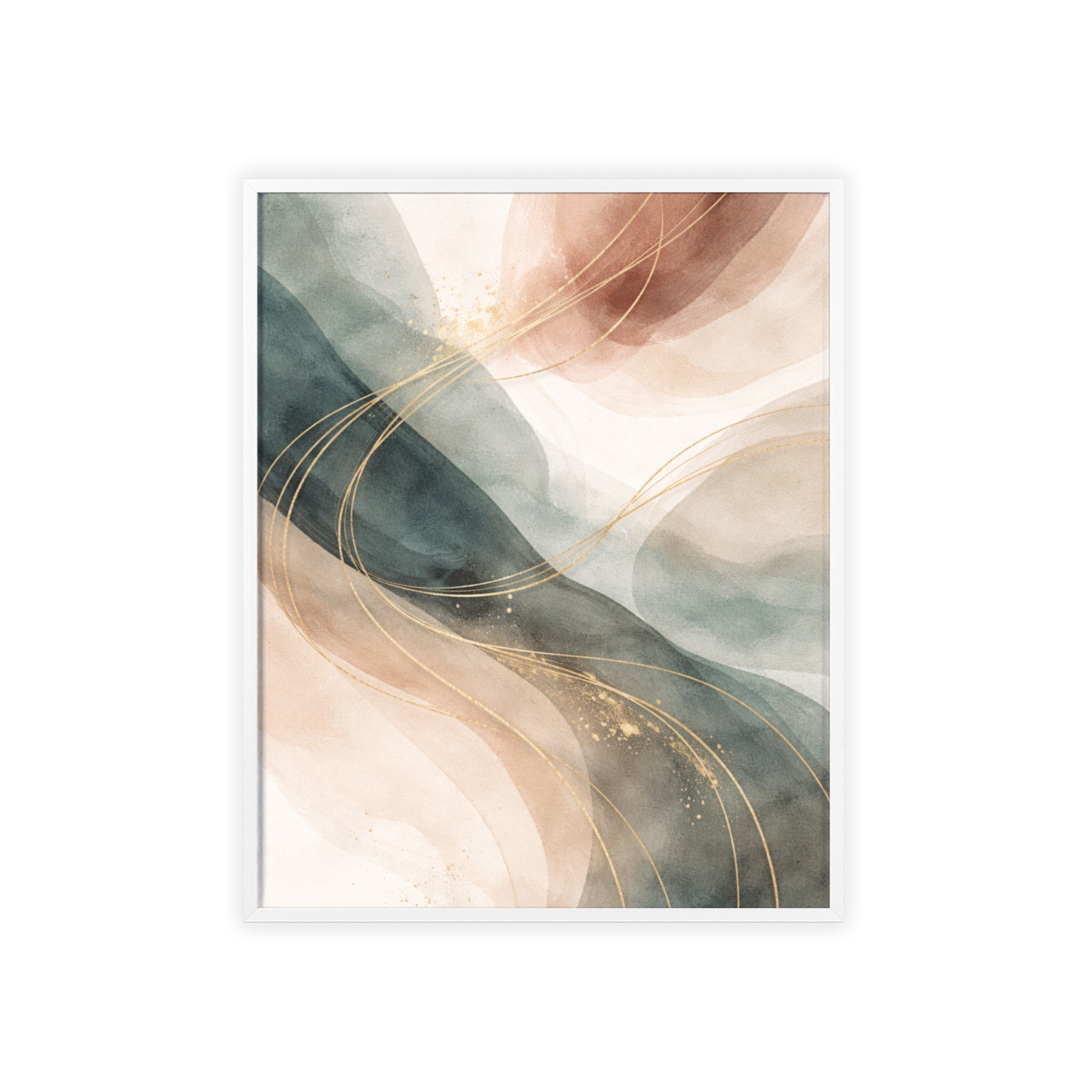 Abstract Gold Wave Poster Soft Peach & Teal Wall Art with Wooden Frame