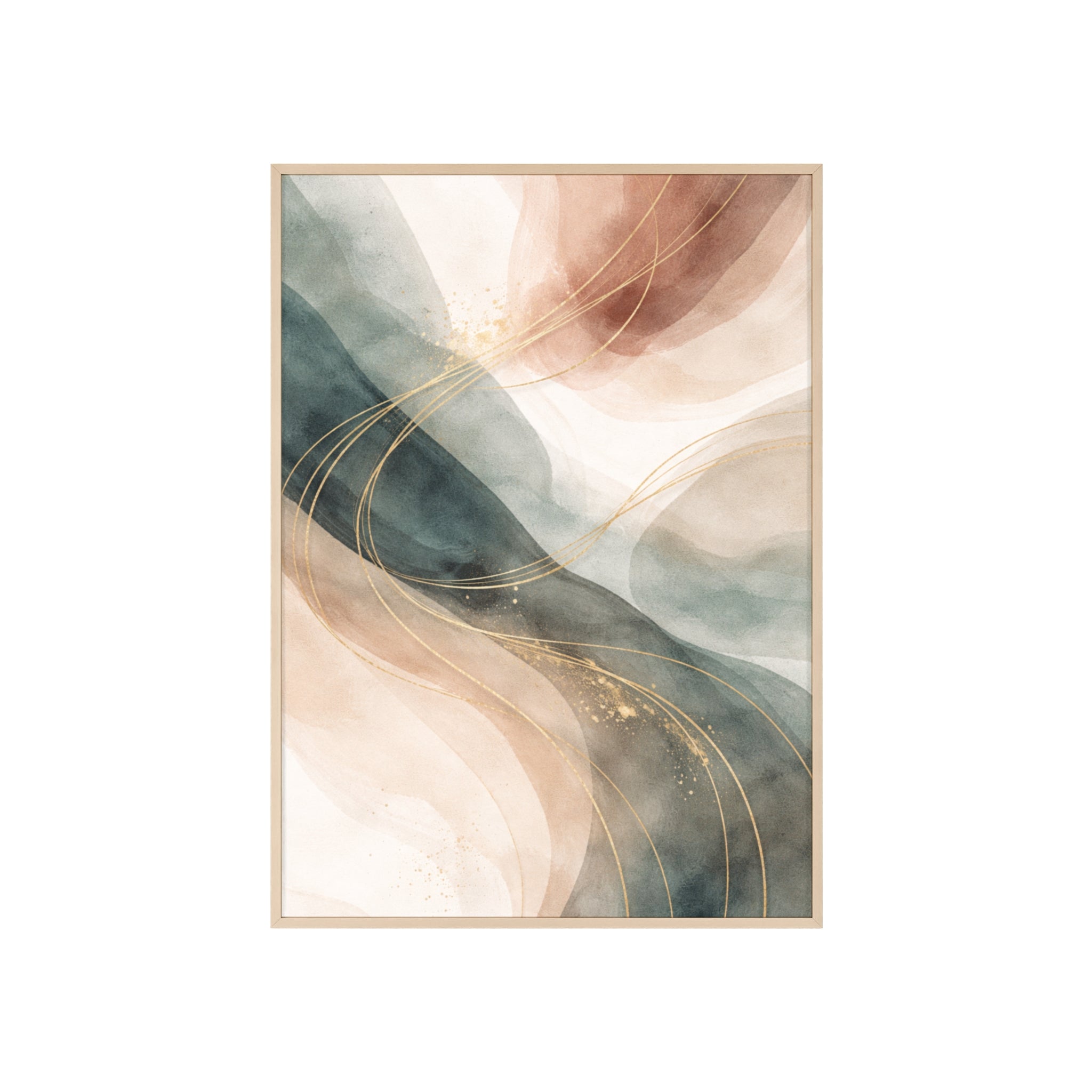 Abstract Gold Wave Poster Soft Peach & Teal Wall Art with Wooden Frame