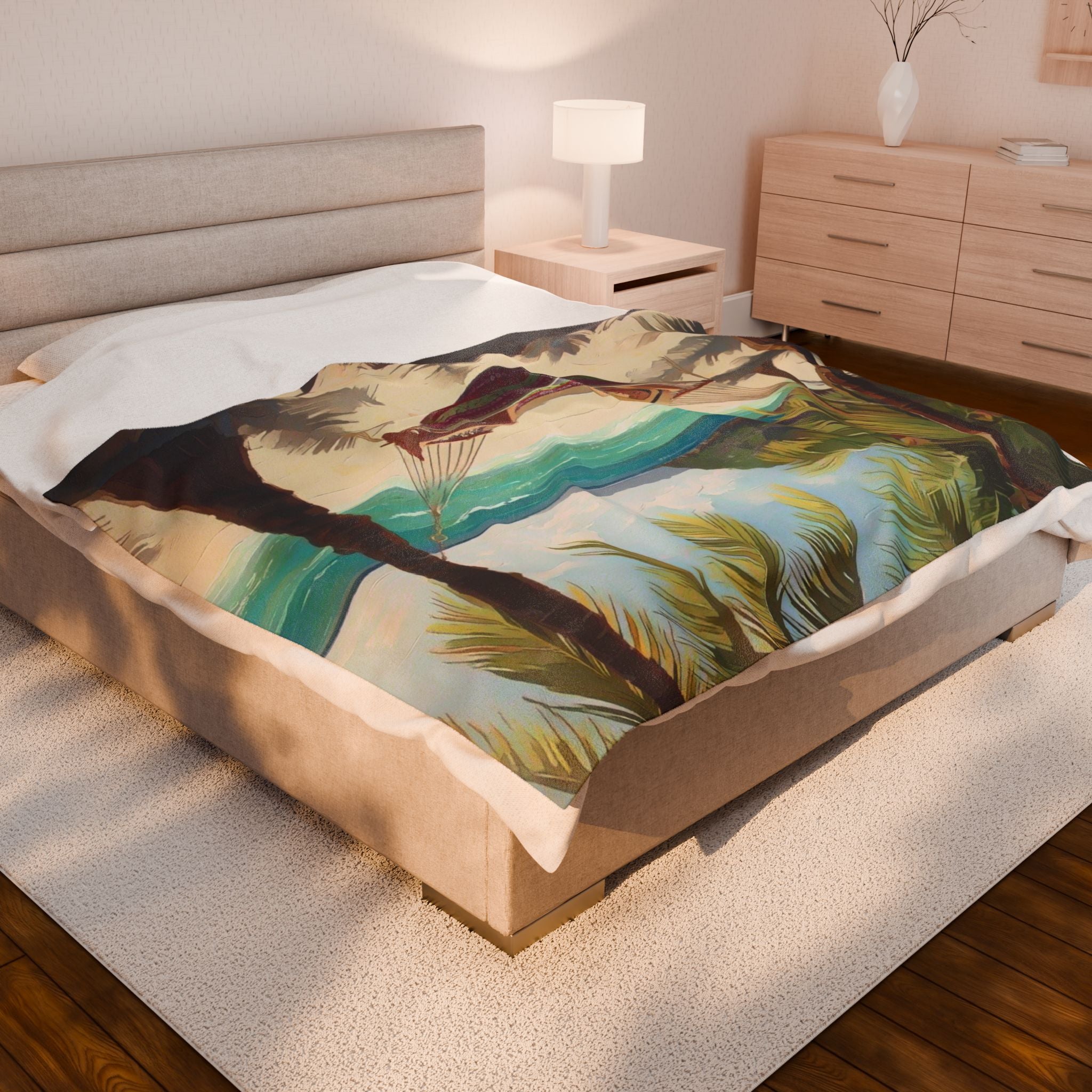 Girl in Hammock on Beach Between Palm Trees Velveteen Plush Blanket