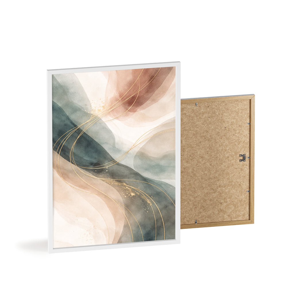 Abstract Gold Wave Poster Soft Peach & Teal Wall Art with Wooden Frame