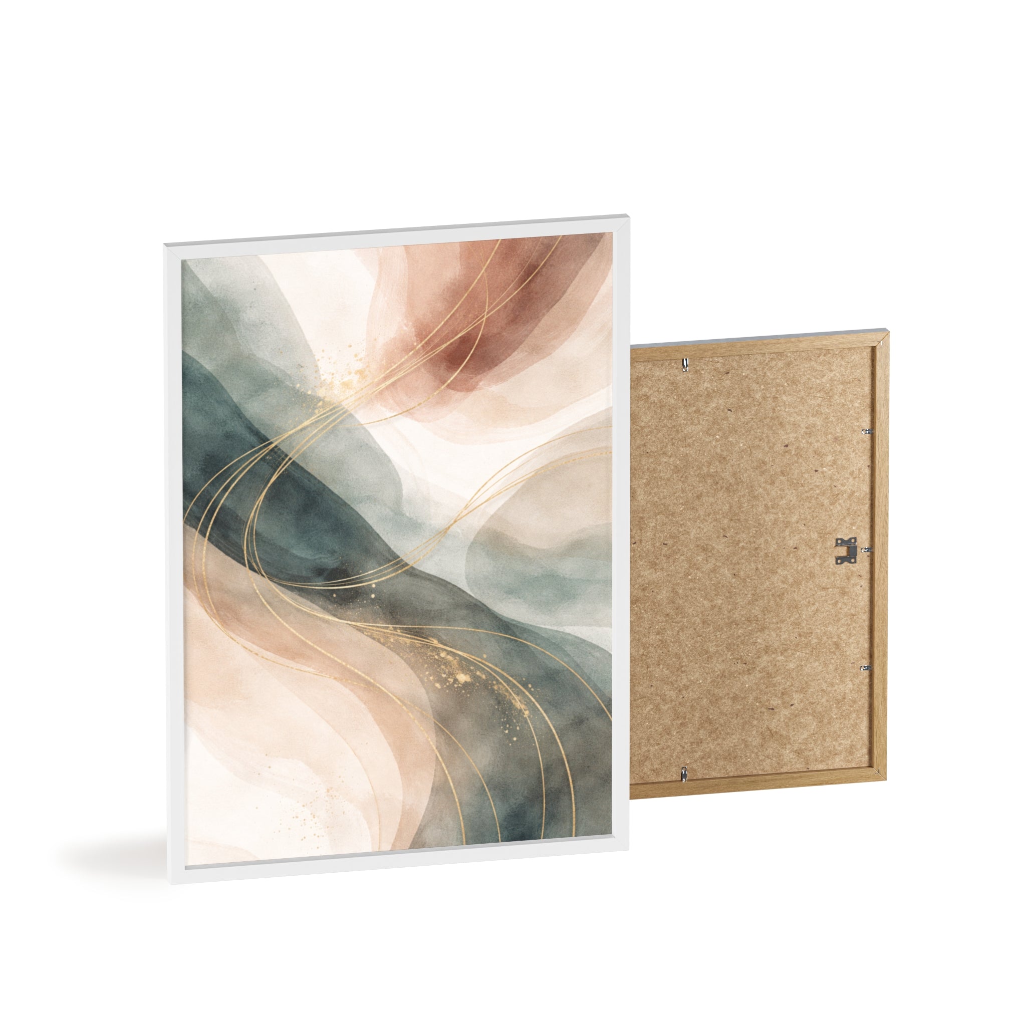 Abstract Gold Wave Poster Soft Peach & Teal Wall Art with Wooden Frame