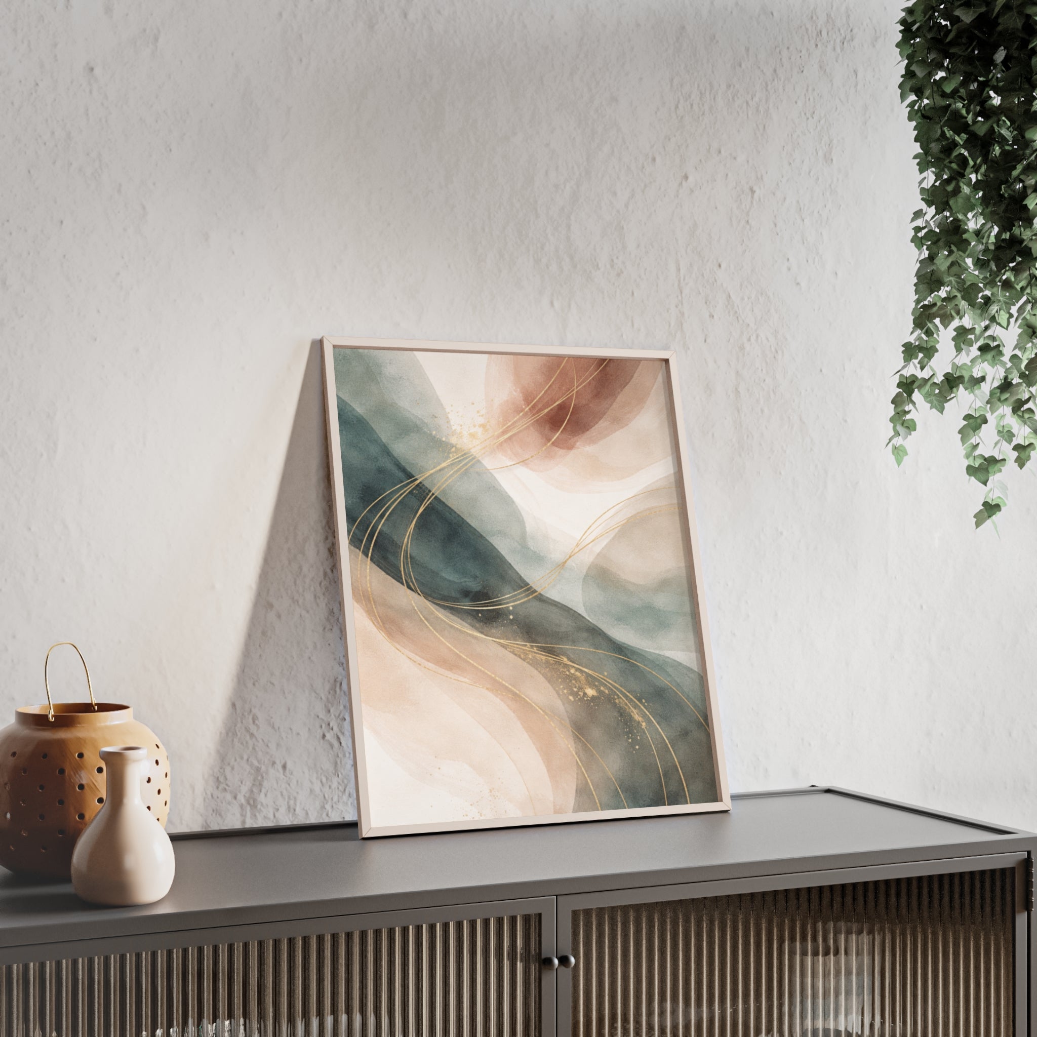 Abstract Gold Wave Poster Soft Peach & Teal Wall Art with Wooden Frame