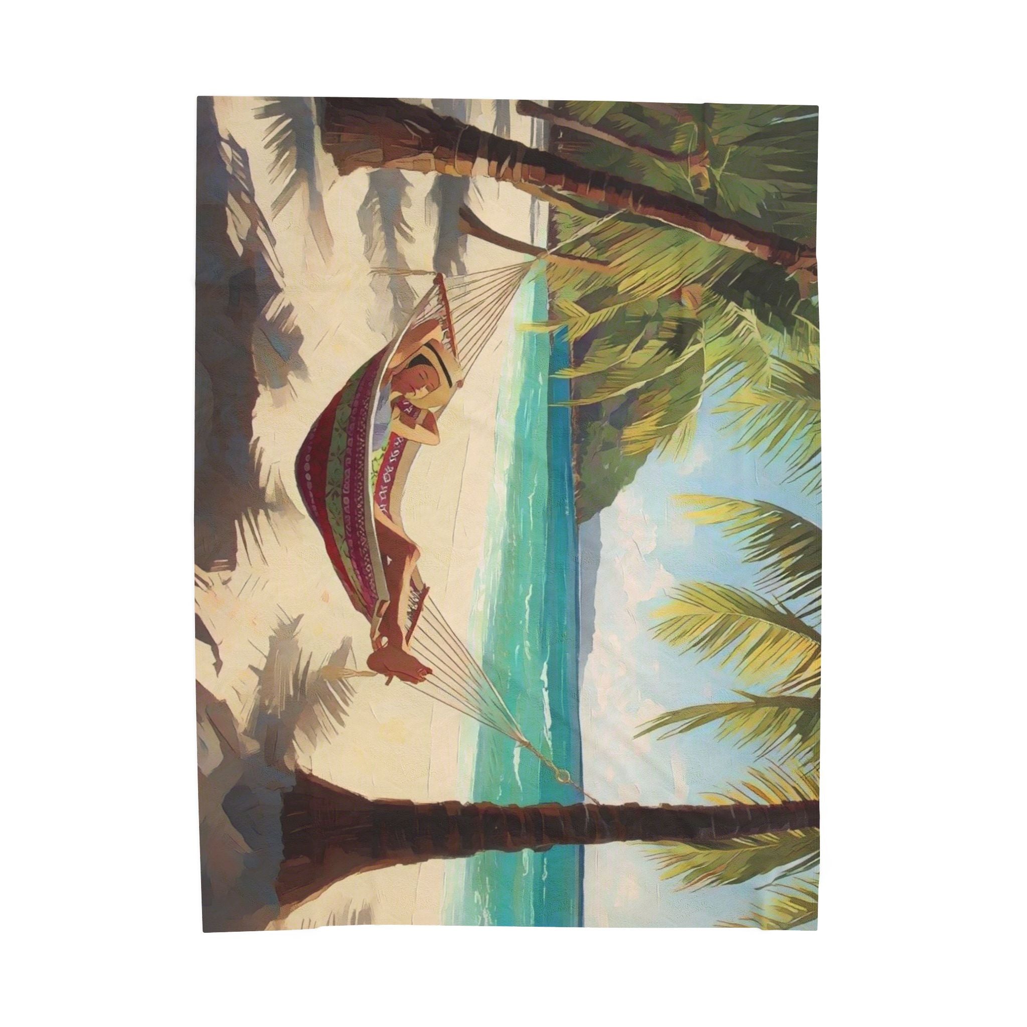 Girl in Hammock on Beach Between Palm Trees Velveteen Plush Blanket
