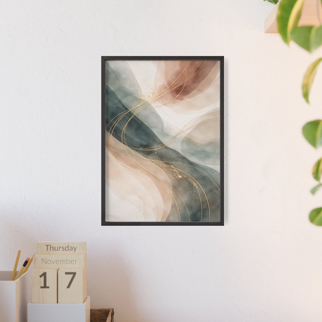 Abstract Gold Wave Poster Soft Peach & Teal Wall Art with Wooden Frame