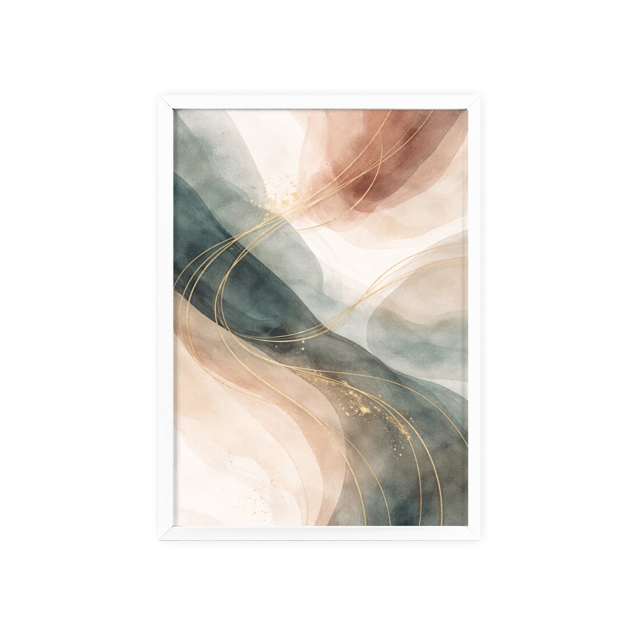 Abstract Gold Wave Poster Soft Peach & Teal Wall Art with Wooden Frame