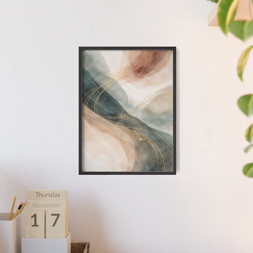 Abstract Gold Wave Poster Soft Peach & Teal Wall Art with Wooden Frame
