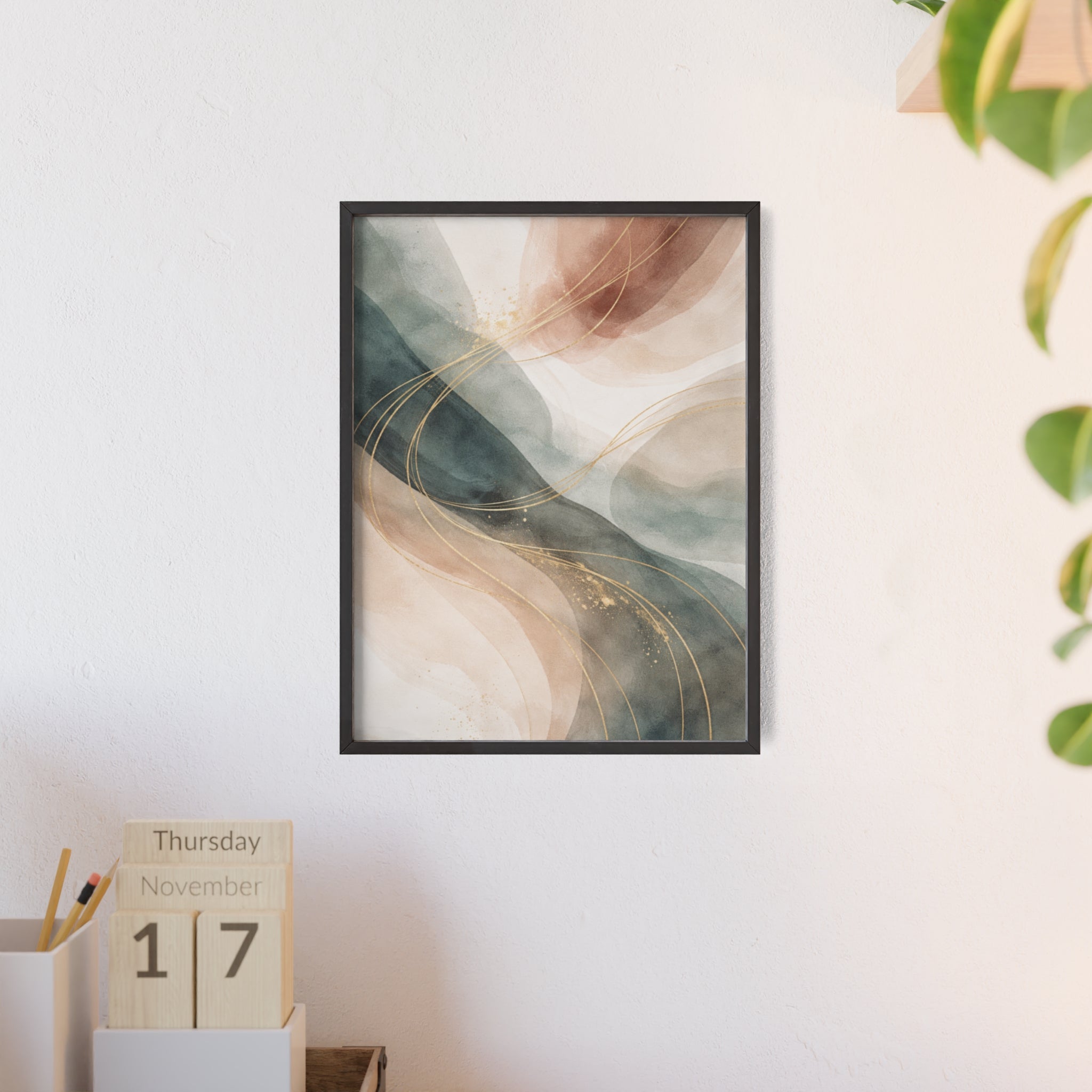 Abstract Gold Wave Poster Soft Peach & Teal Wall Art with Wooden Frame