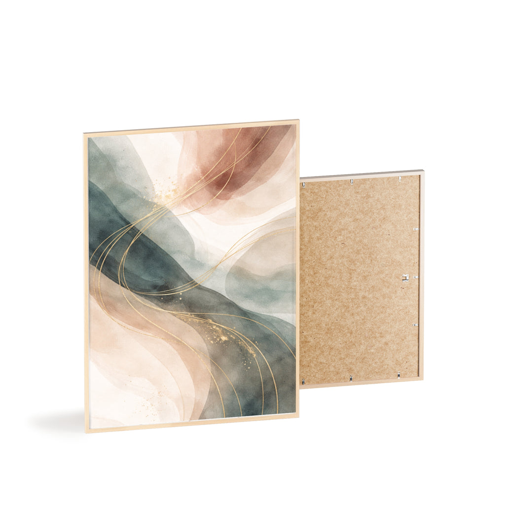Abstract Gold Wave Poster Soft Peach & Teal Wall Art with Wooden Frame