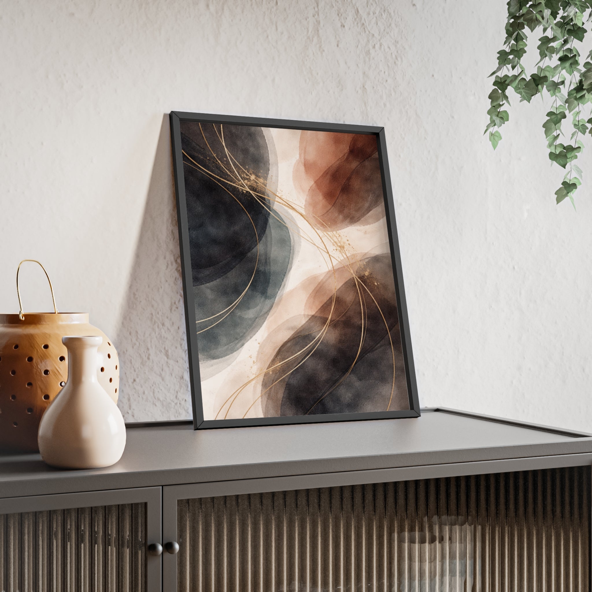 Abstract Earth Tones Poster with Wooden Frame Modern Minimal Wall Art