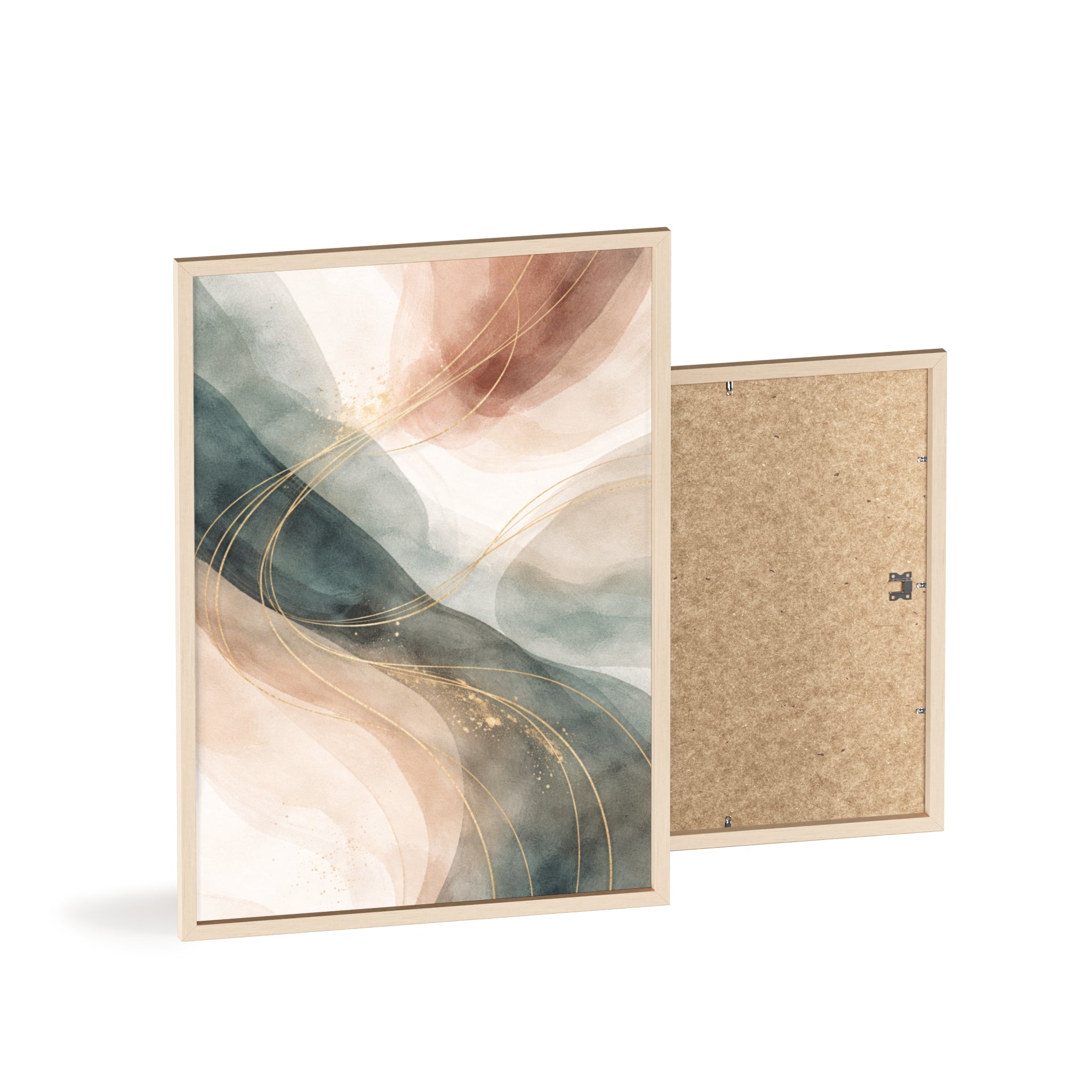 Abstract Gold Wave Poster Soft Peach & Teal Wall Art with Wooden Frame