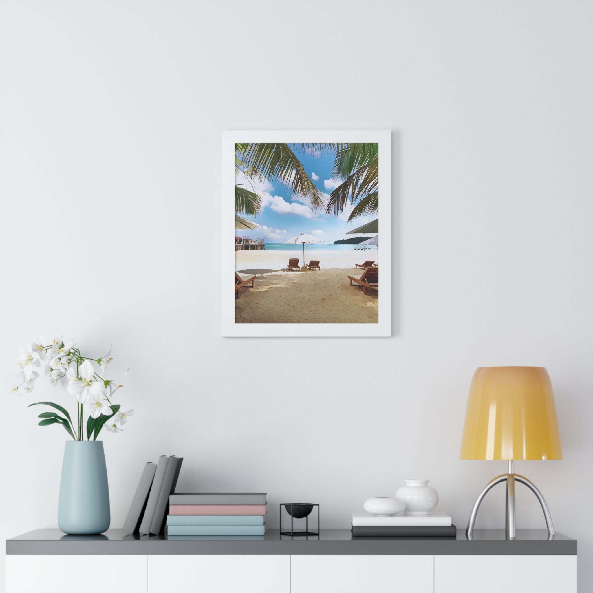 Tropical Beach Scene Palm Trees, Lounge Chairs, Ocean View Framed Vertical Poster