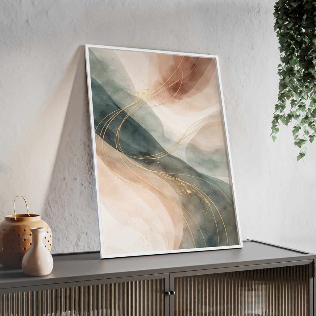 Abstract Gold Wave Poster Soft Peach & Teal Wall Art with Wooden Frame