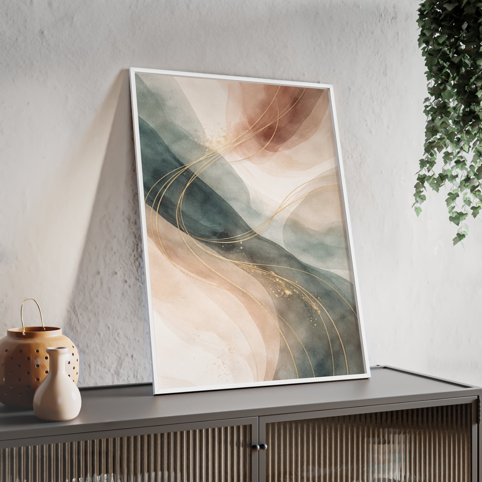 Abstract Gold Wave Poster Soft Peach & Teal Wall Art with Wooden Frame