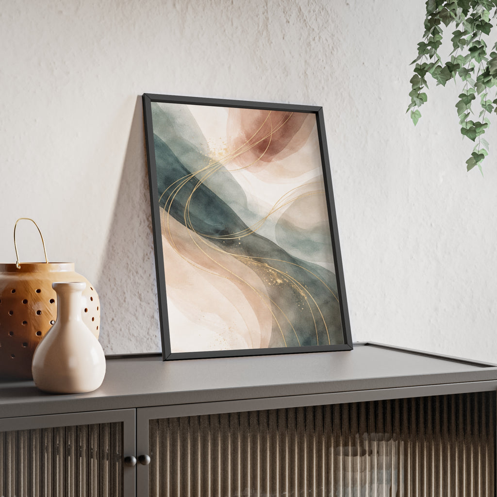 Abstract Gold Wave Poster Soft Peach & Teal Wall Art with Wooden Frame