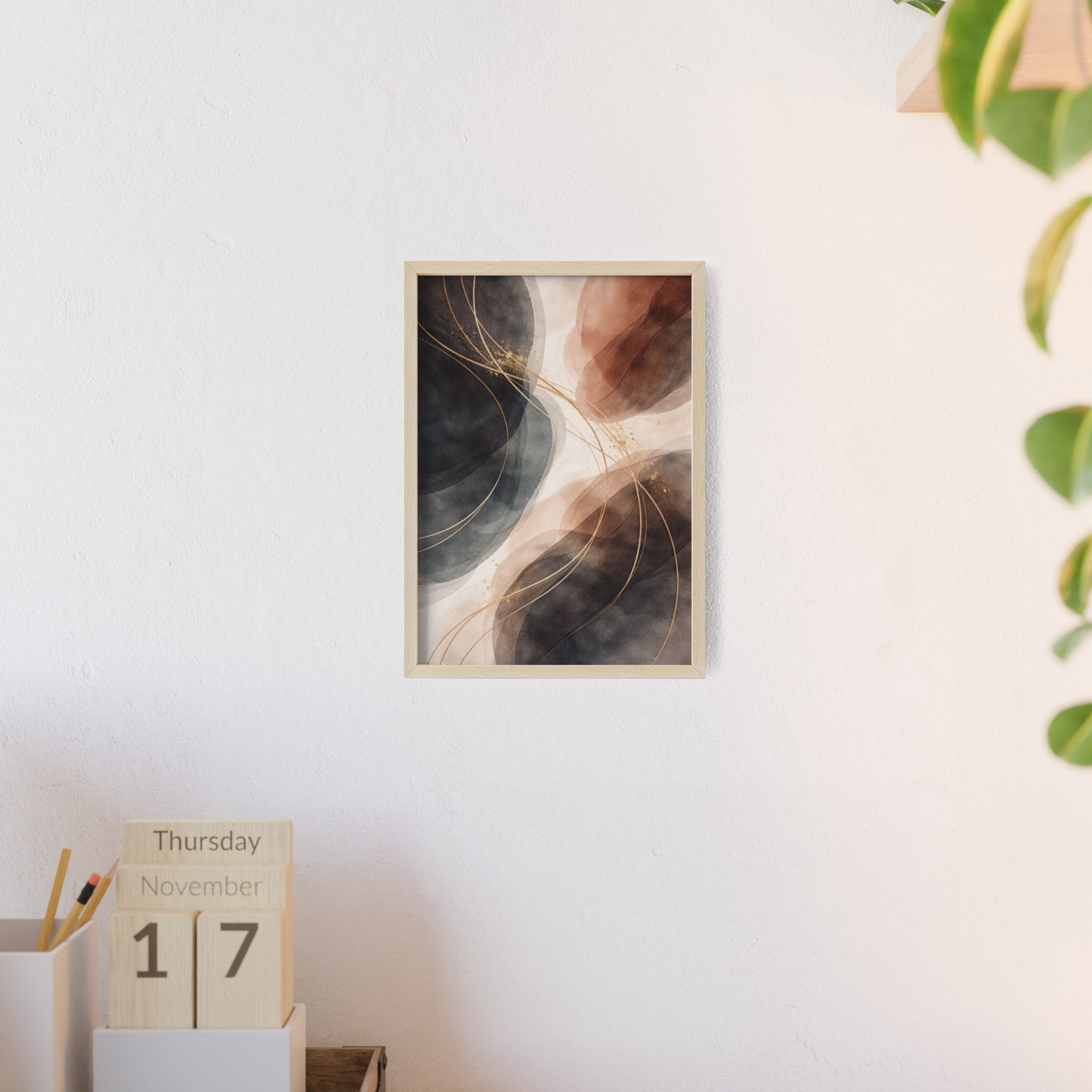 Abstract Earth Tones Poster with Wooden Frame Modern Minimal Wall Art