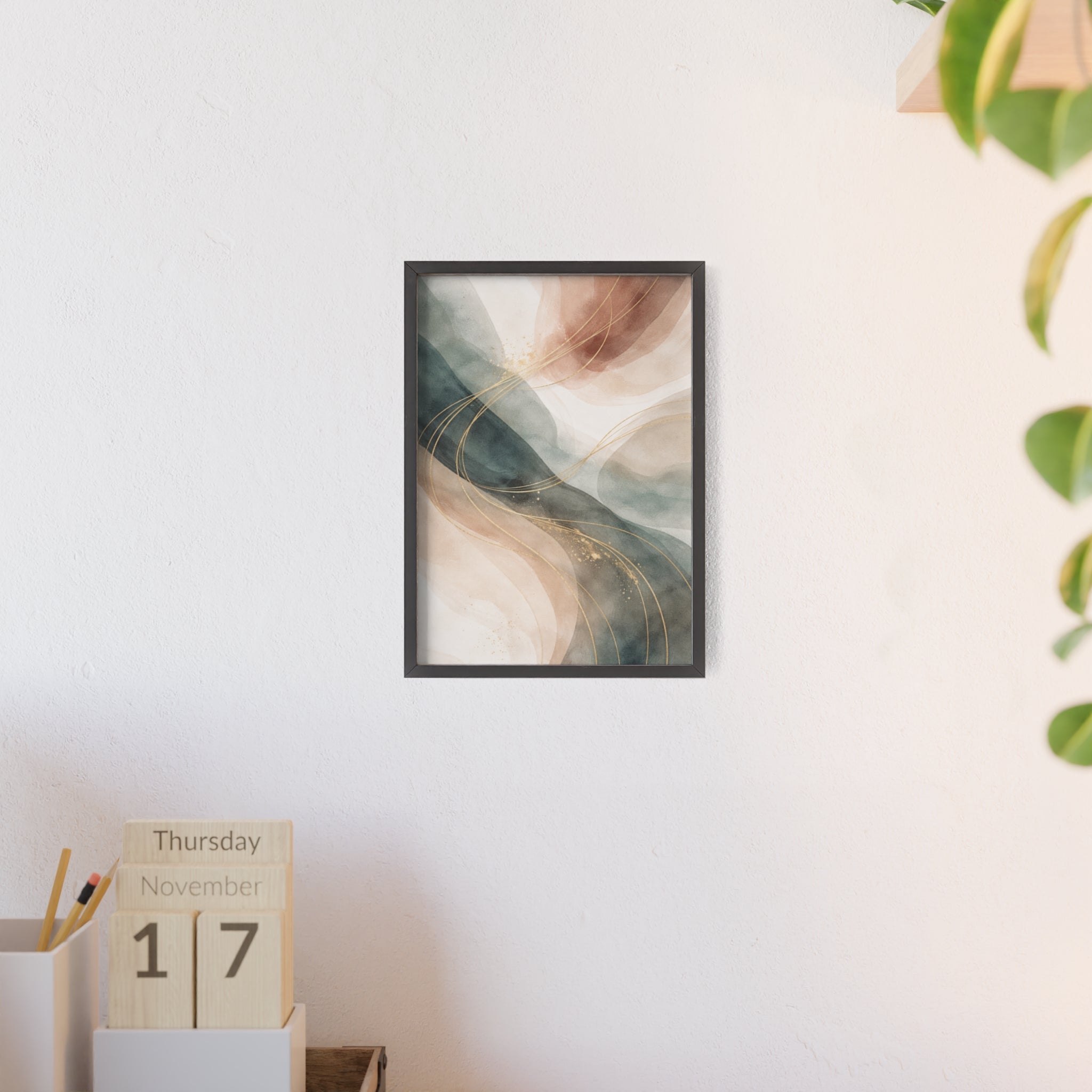 Abstract Gold Wave Poster Soft Peach & Teal Wall Art with Wooden Frame