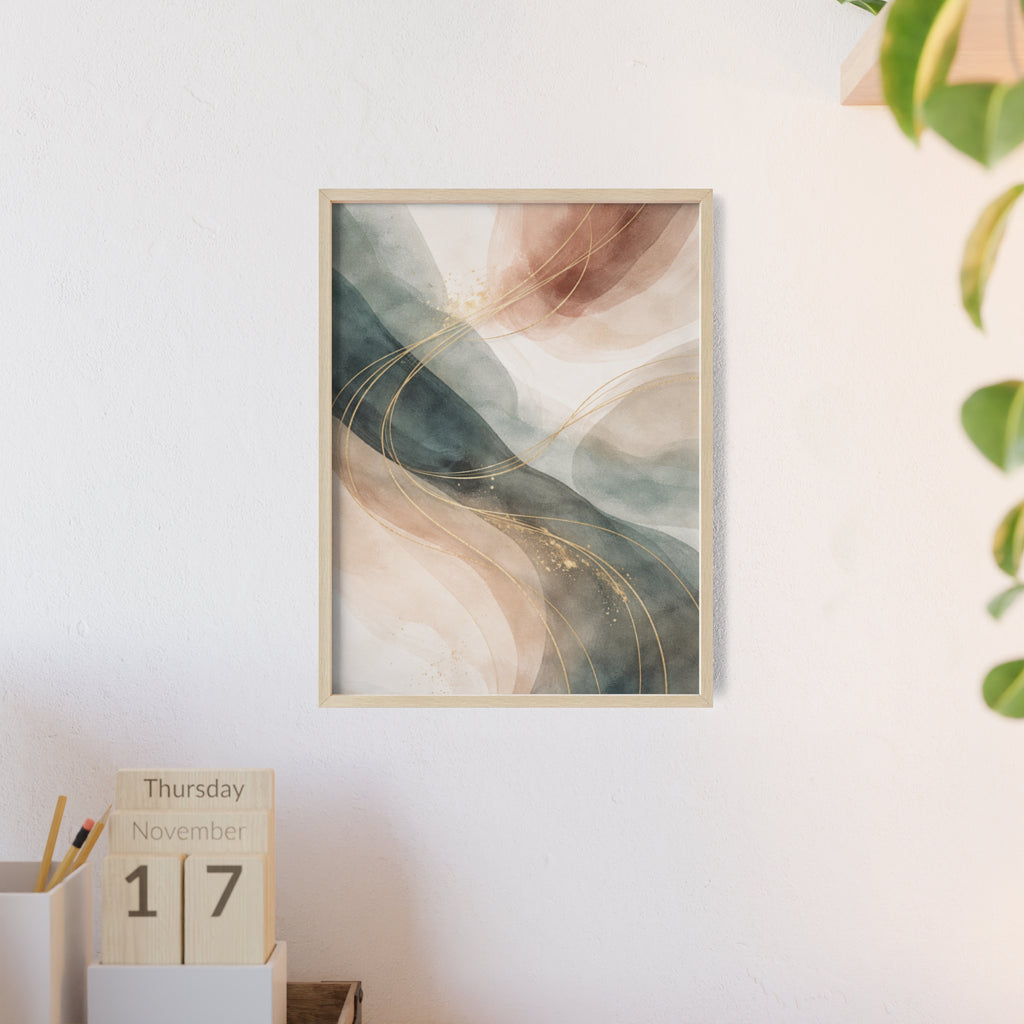 Abstract Gold Wave Poster Soft Peach & Teal Wall Art with Wooden Frame