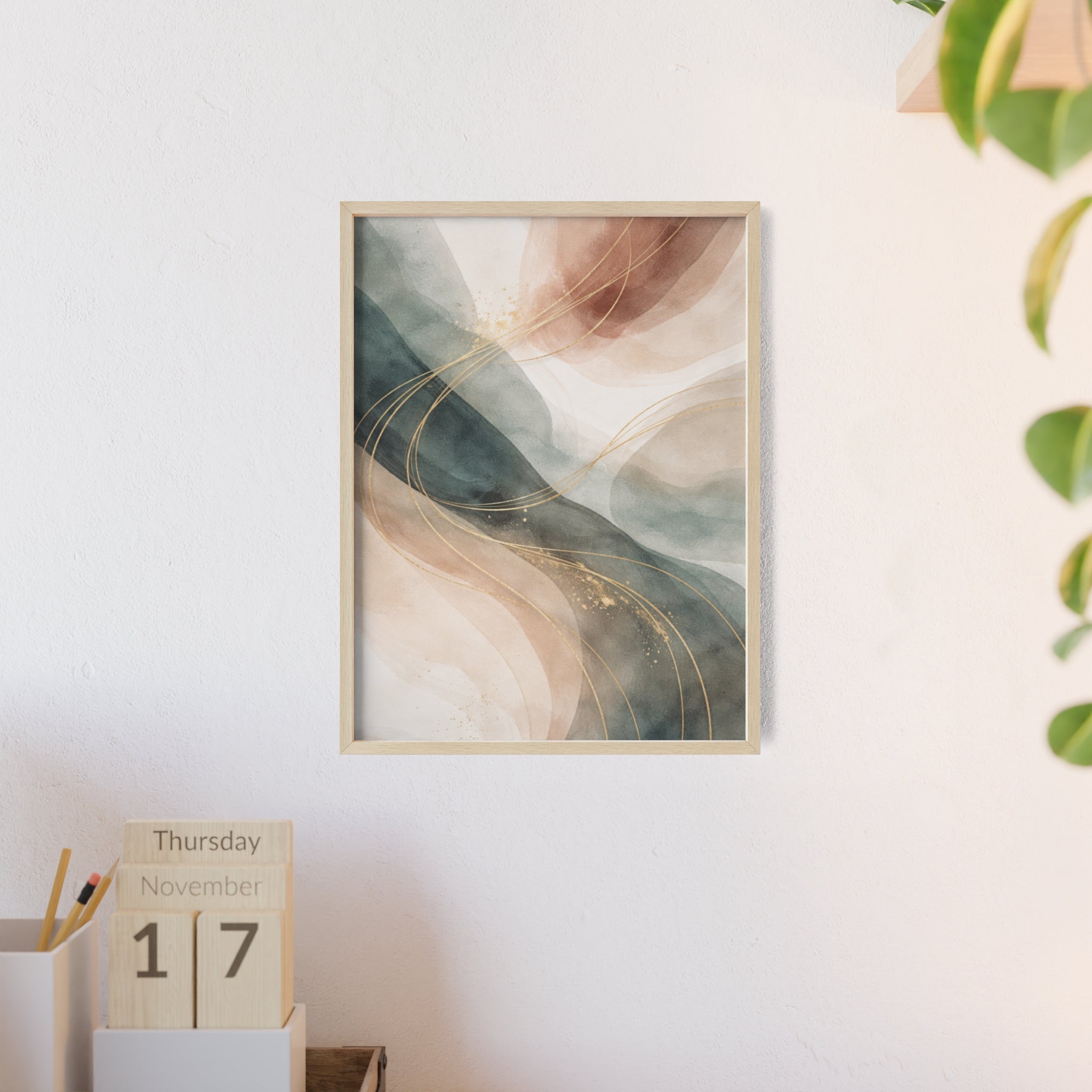 Abstract Gold Wave Poster Soft Peach & Teal Wall Art with Wooden Frame