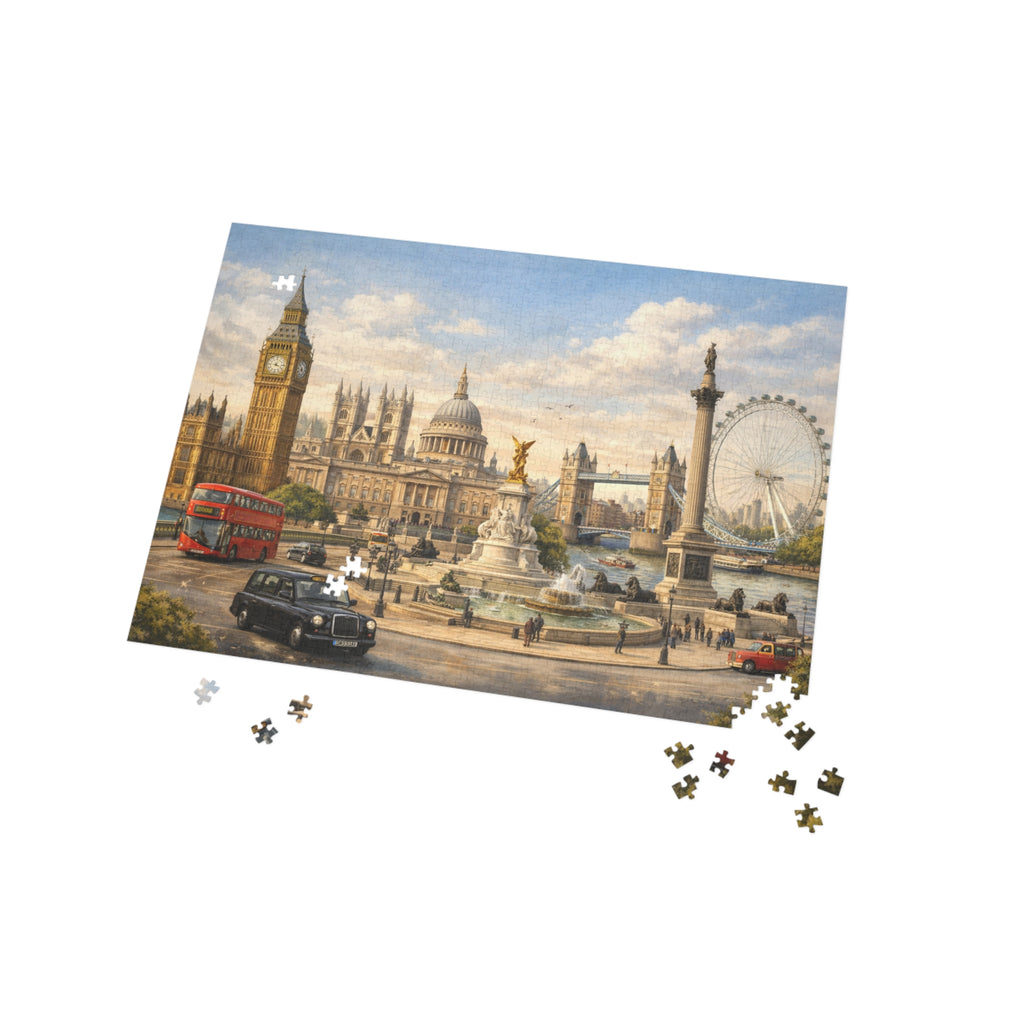 London Cityscape Vintage Big Ben London Eye Red Bus Jigsaw Puzzle
