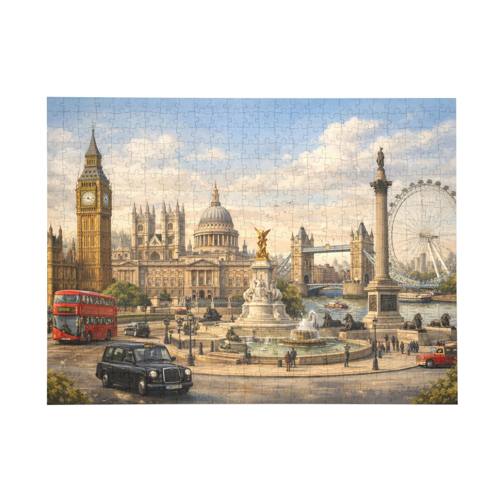 London Cityscape Vintage Big Ben London Eye Red Bus Jigsaw Puzzle