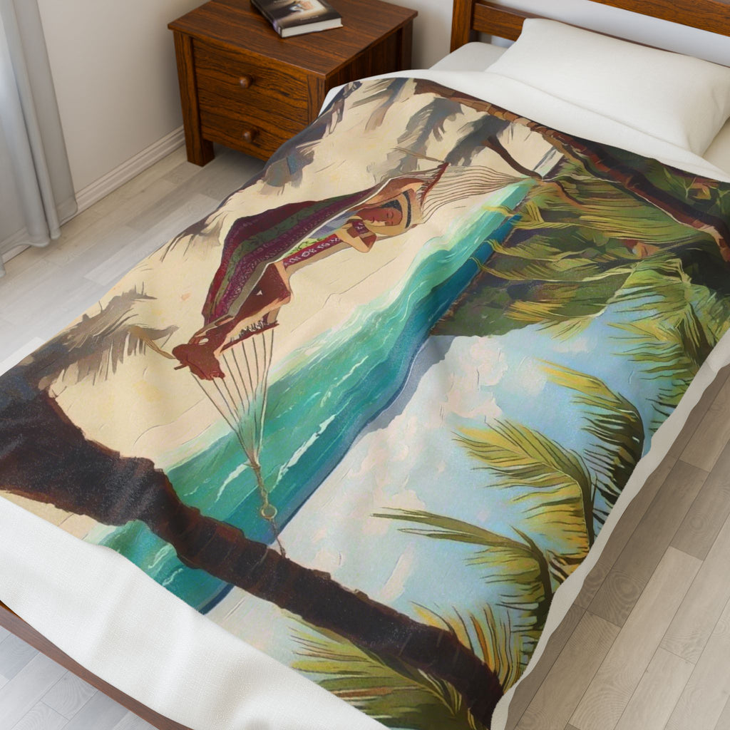 Girl in Hammock on Beach Between Palm Trees Velveteen Plush Blanket
