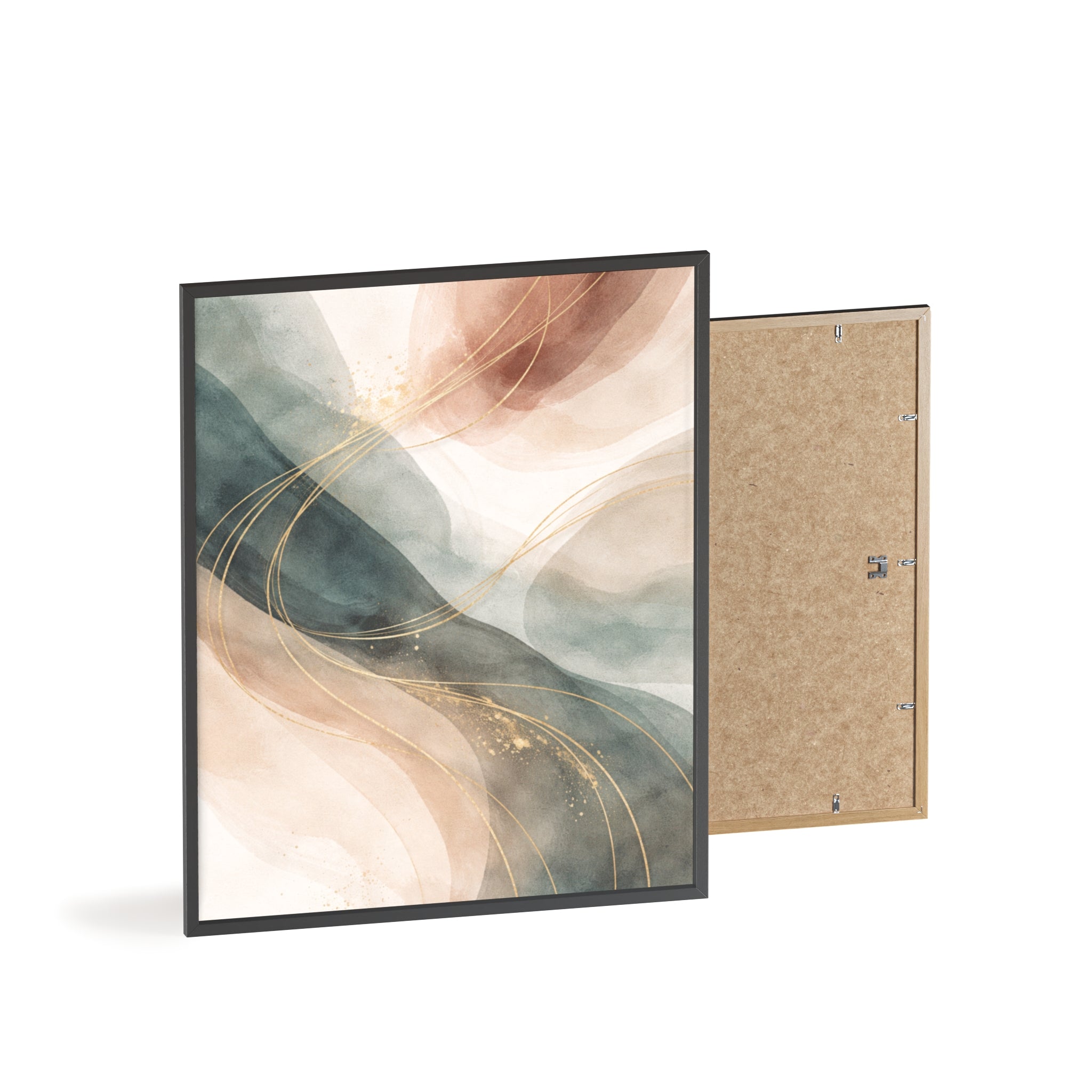 Abstract Gold Wave Poster Soft Peach & Teal Wall Art with Wooden Frame