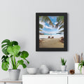 Tropical Beach Scene Palm Trees, Lounge Chairs, Ocean View Framed Vertical Poster