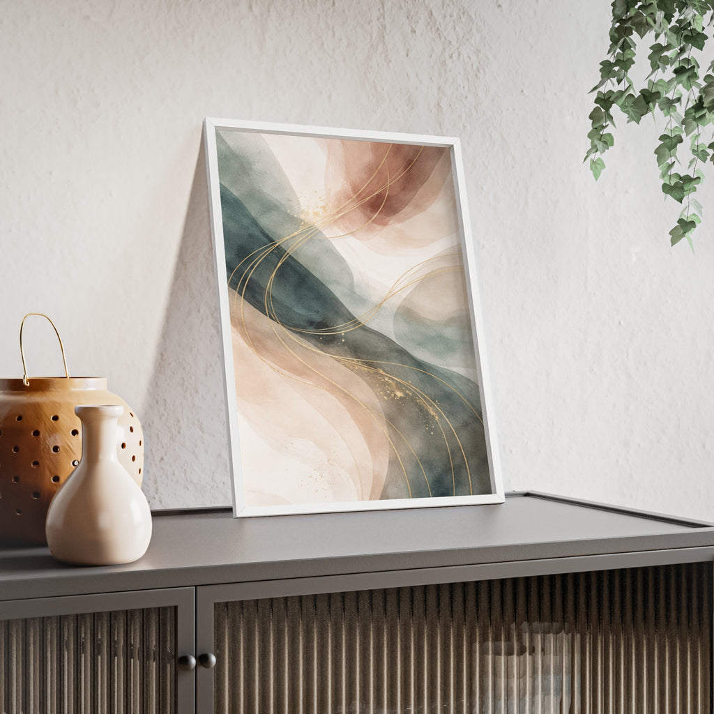 Abstract Gold Wave Poster Soft Peach & Teal Wall Art with Wooden Frame