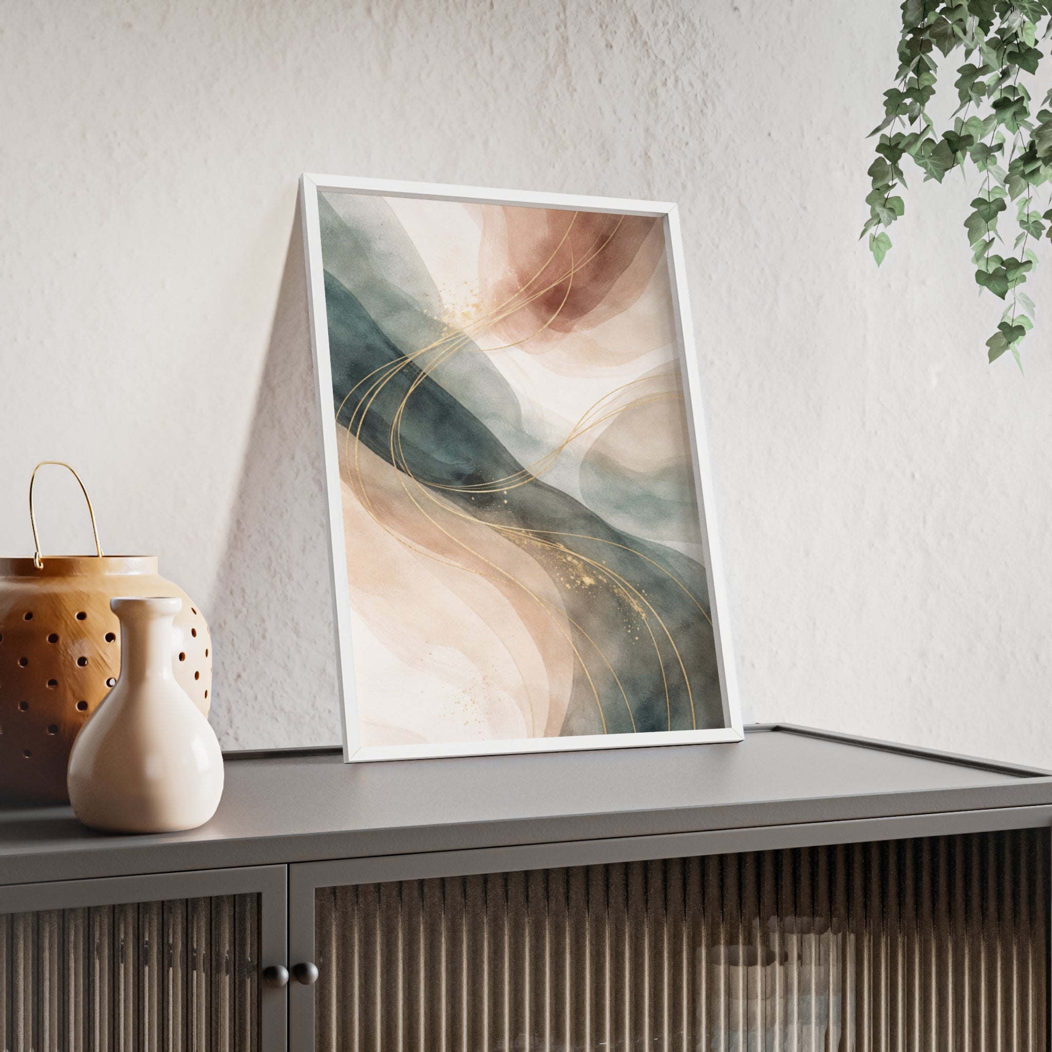 Abstract Gold Wave Poster Soft Peach & Teal Wall Art with Wooden Frame