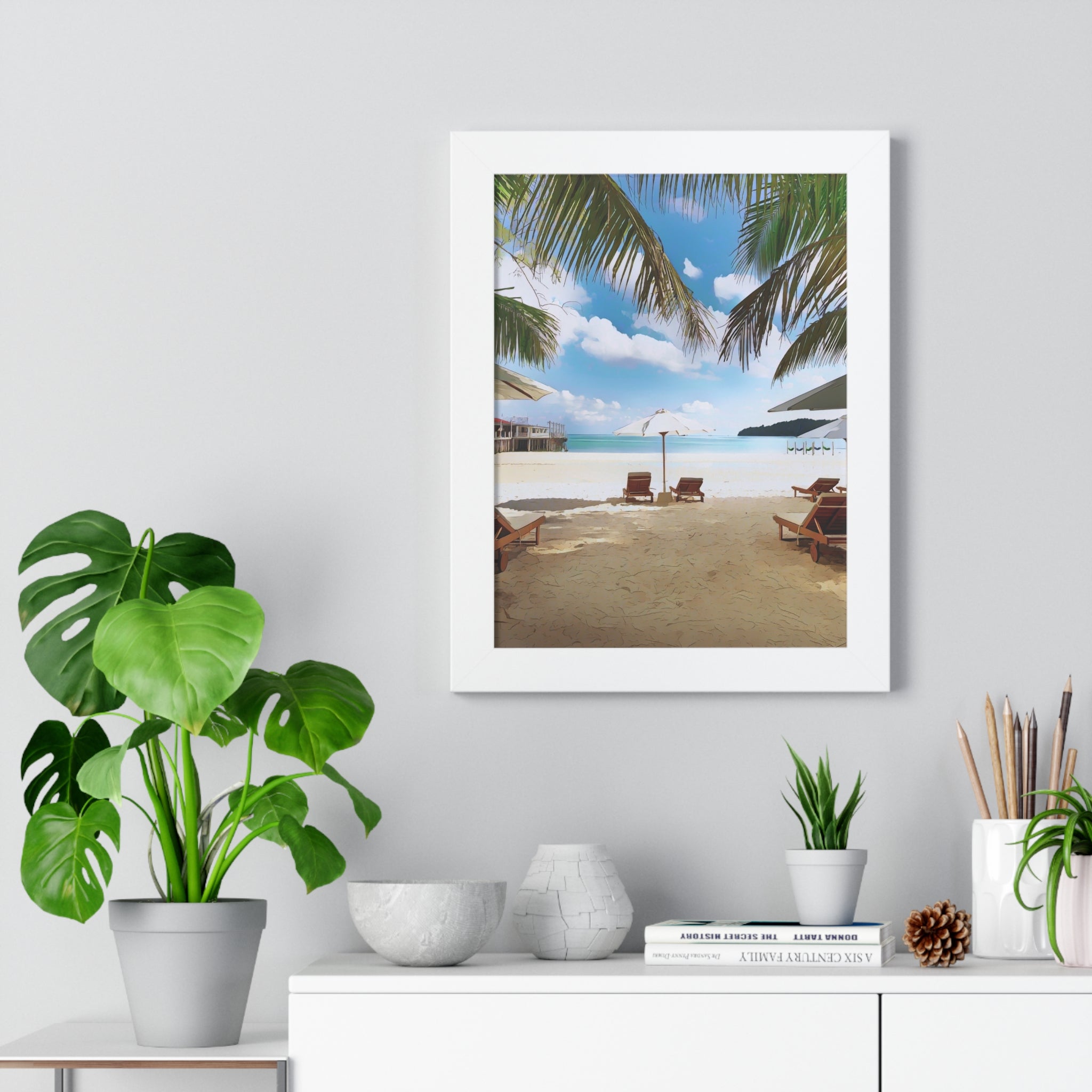Tropical Beach Scene Palm Trees, Lounge Chairs, Ocean View Framed Vertical Poster