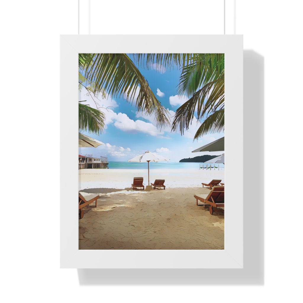 Tropical Beach Scene Palm Trees, Lounge Chairs, Ocean View Framed Vertical Poster