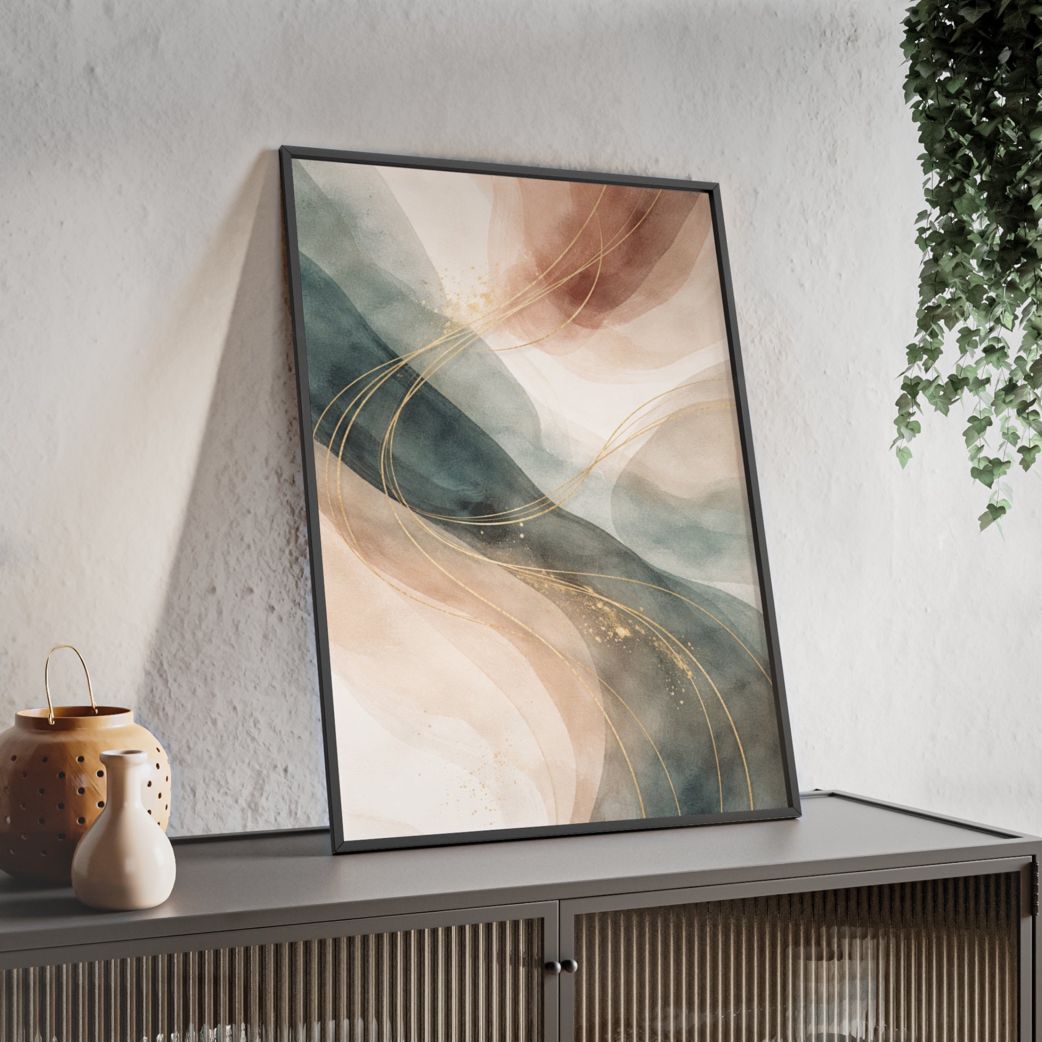 Abstract Gold Wave Poster Soft Peach & Teal Wall Art with Wooden Frame