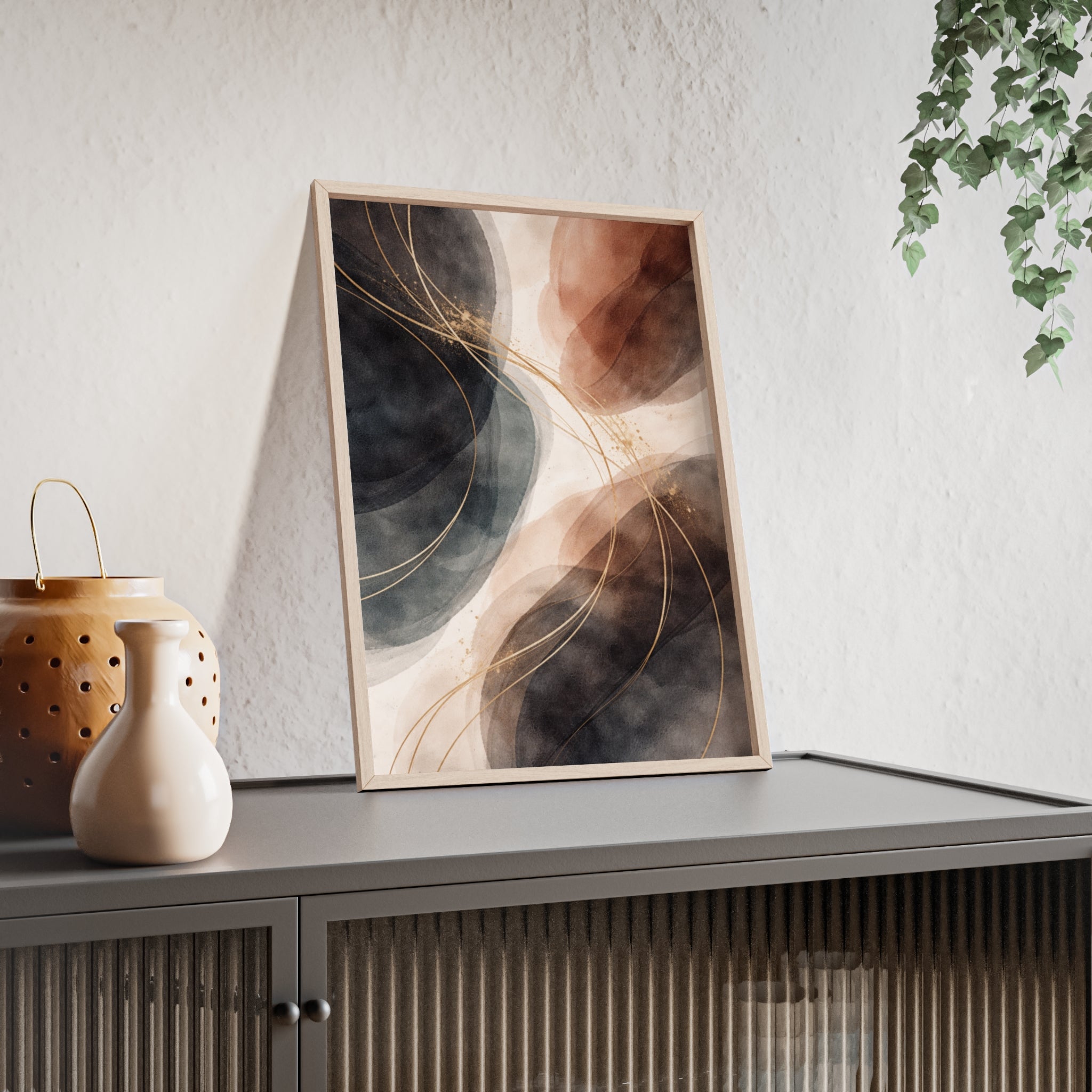 Abstract Earth Tones Poster with Wooden Frame Modern Minimal Wall Art