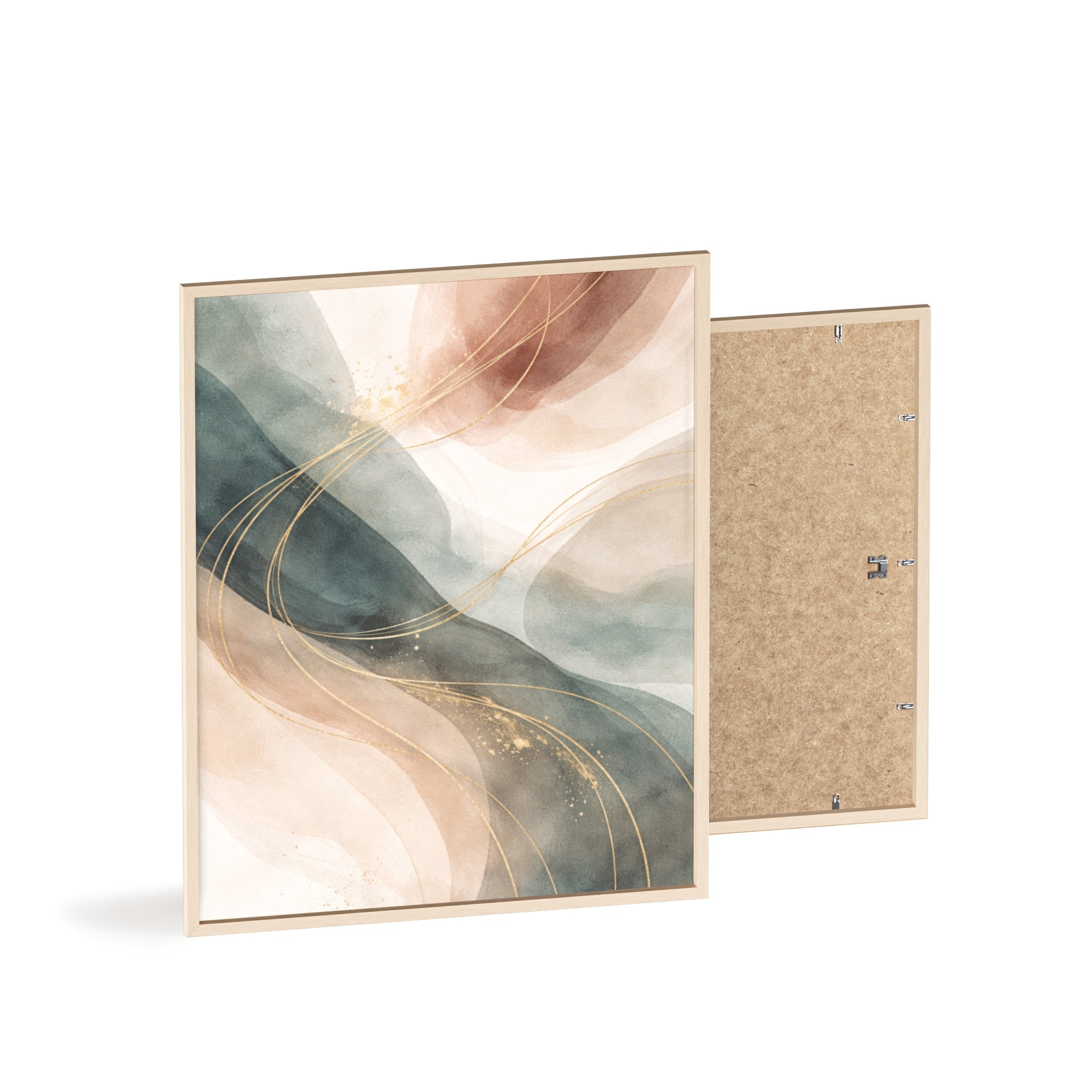 Abstract Gold Wave Poster Soft Peach & Teal Wall Art with Wooden Frame