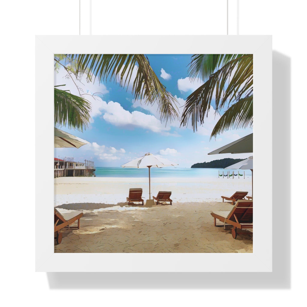 Tropical Beach Scene Palm Trees, Lounge Chairs, Ocean View Framed Vertical Poster