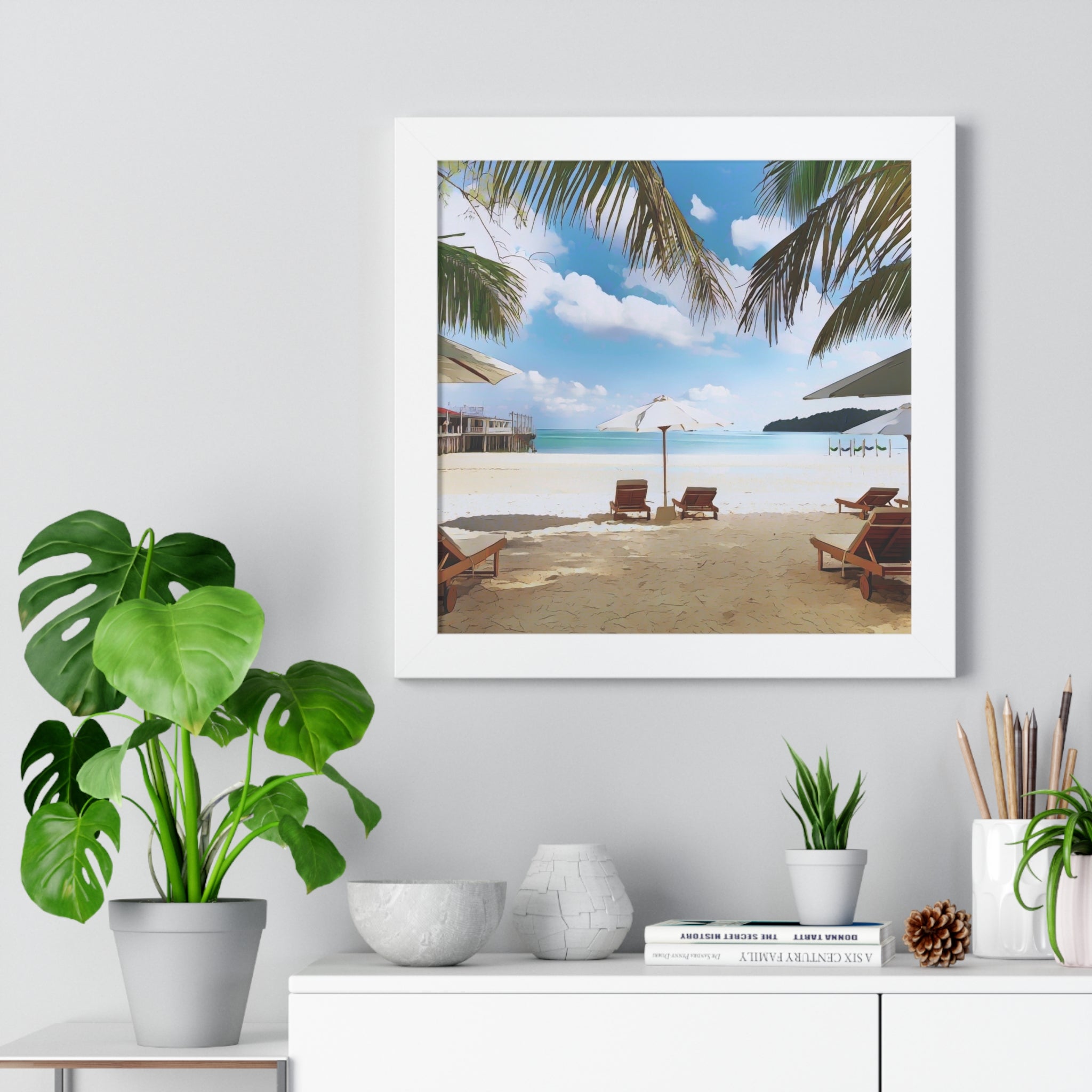 Tropical Beach Scene Palm Trees, Lounge Chairs, Ocean View Framed Vertical Poster