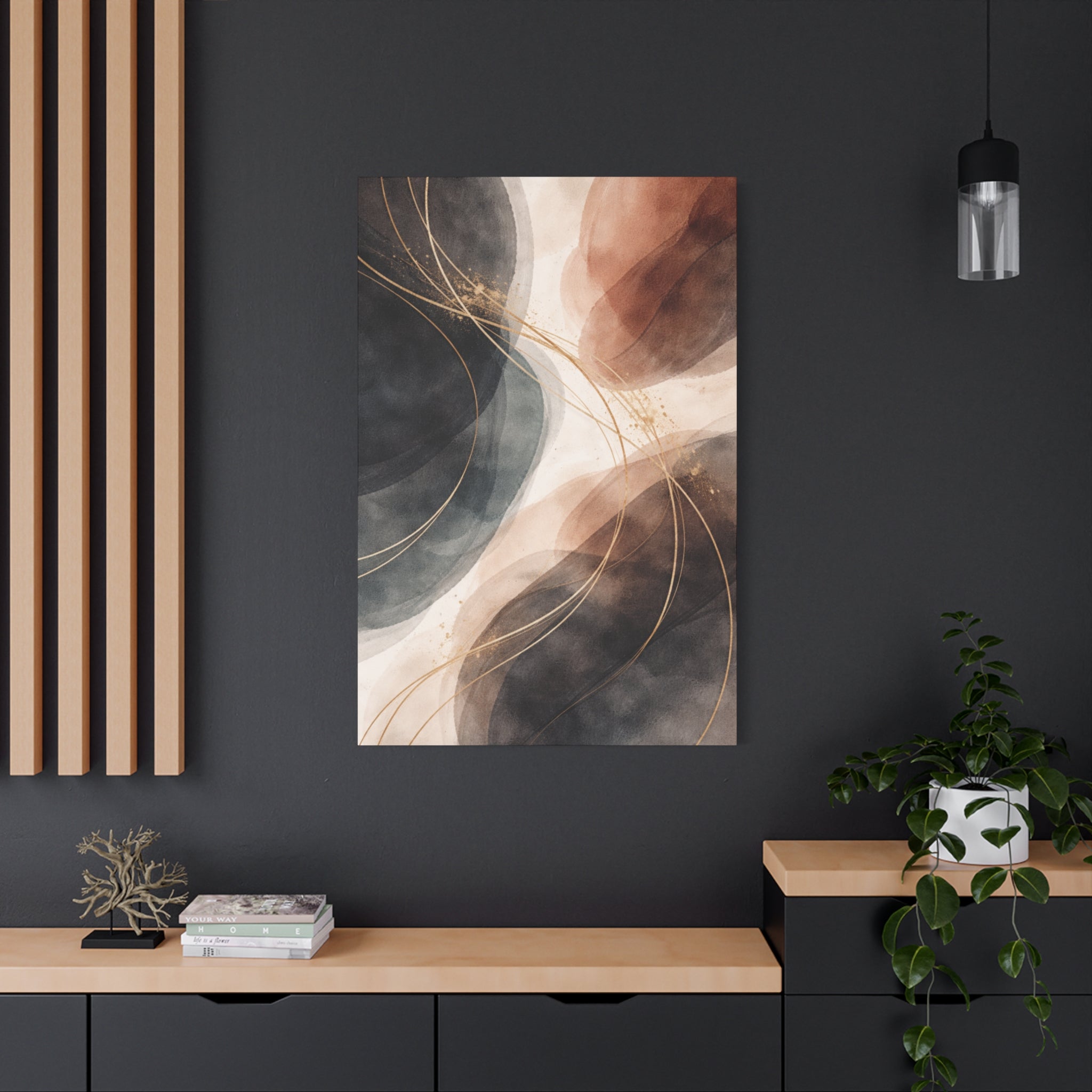 Abstract Earth Tones Matte Canvas Wall Art Modern Gold Line Accent