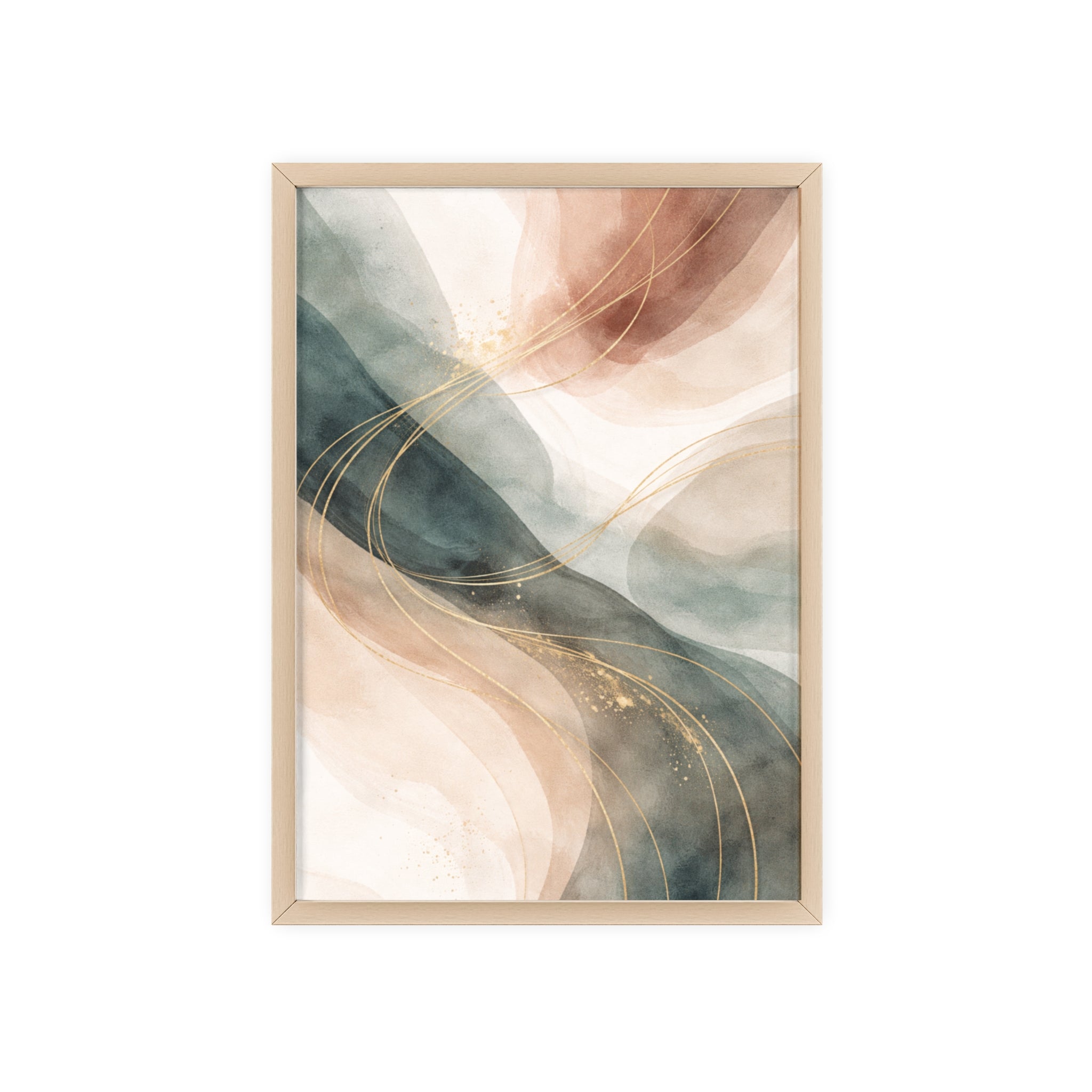 Abstract Gold Wave Poster Soft Peach & Teal Wall Art with Wooden Frame