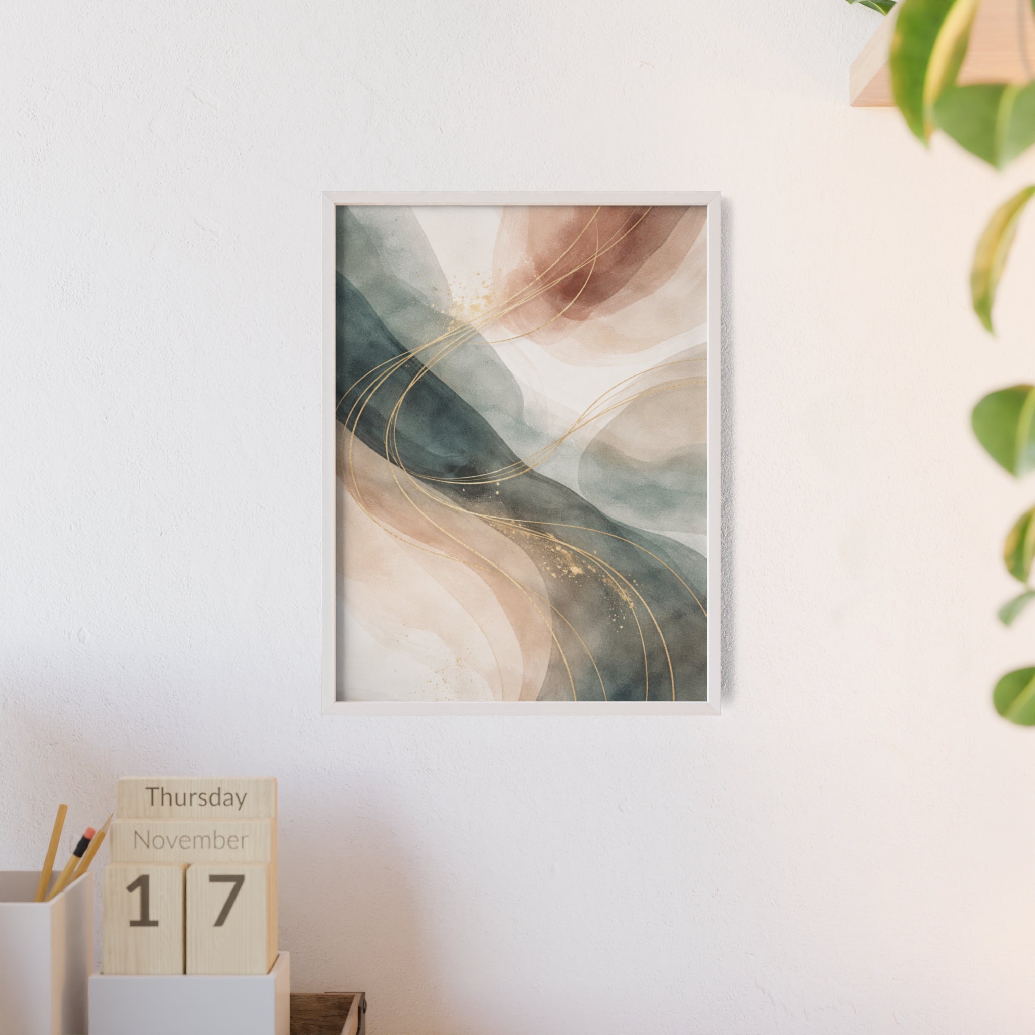 Abstract Gold Wave Poster Soft Peach & Teal Wall Art with Wooden Frame