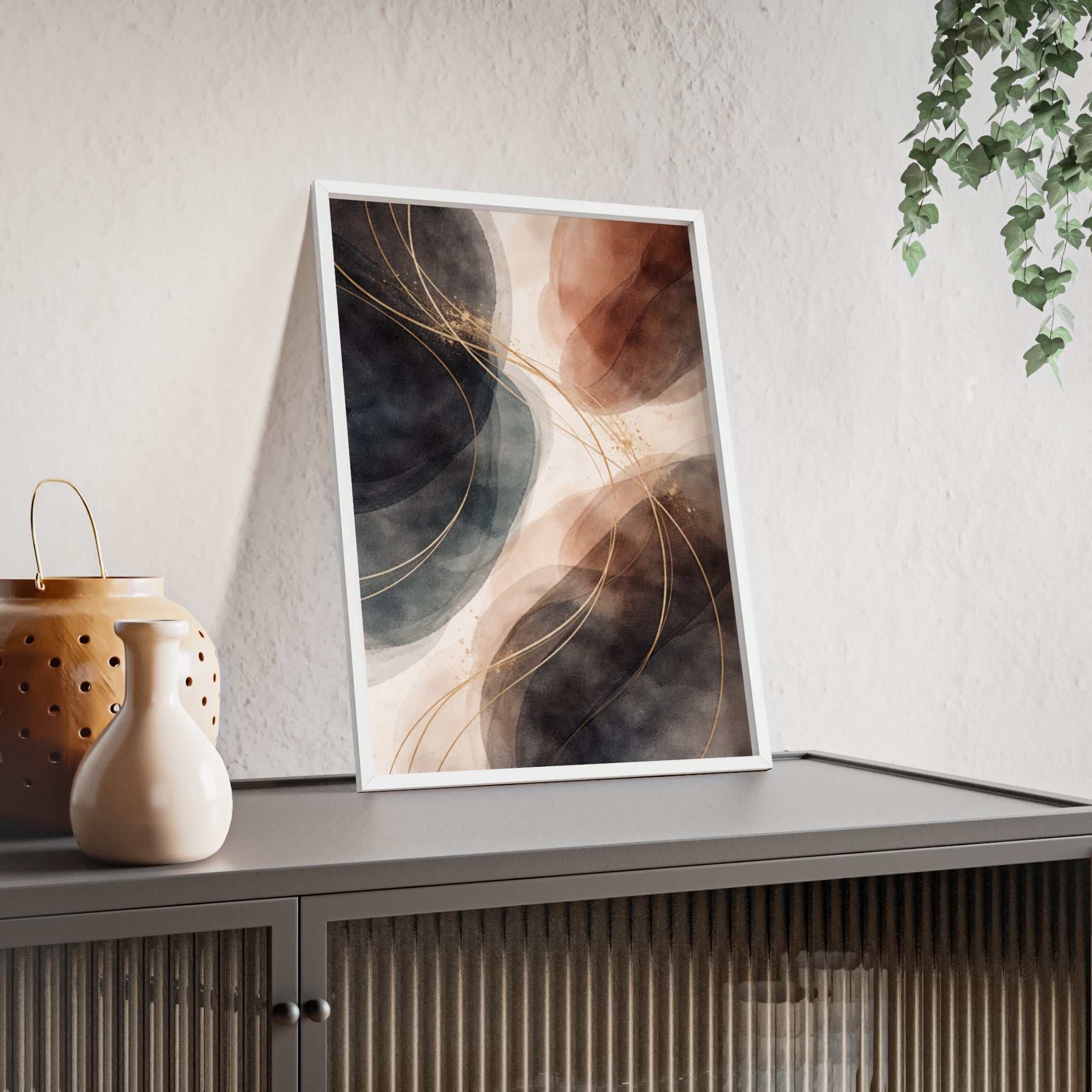 Abstract Earth Tones Poster with Wooden Frame Modern Minimal Wall Art