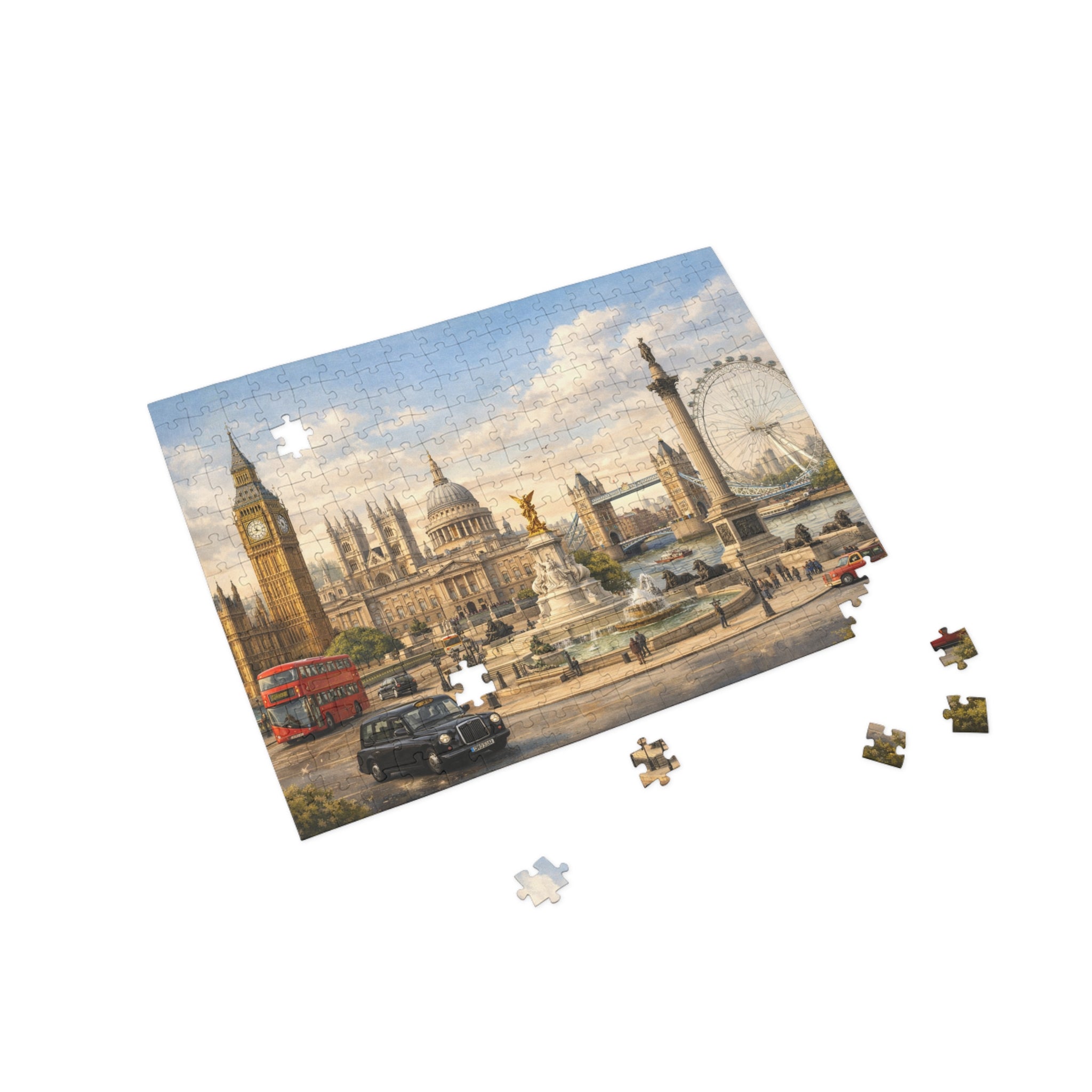 London Cityscape Vintage Big Ben London Eye Red Bus Jigsaw Puzzle