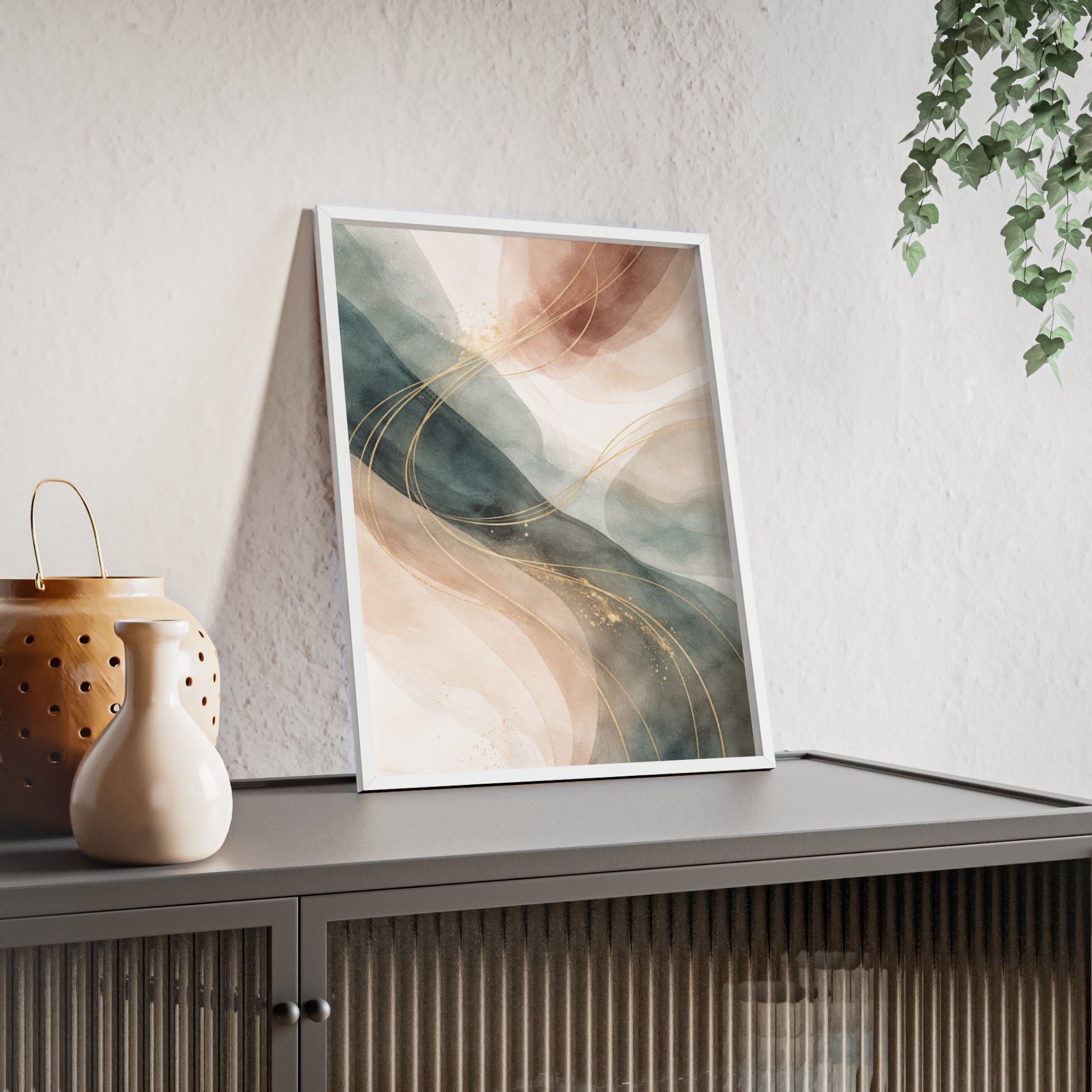 Abstract Gold Wave Poster Soft Peach & Teal Wall Art with Wooden Frame