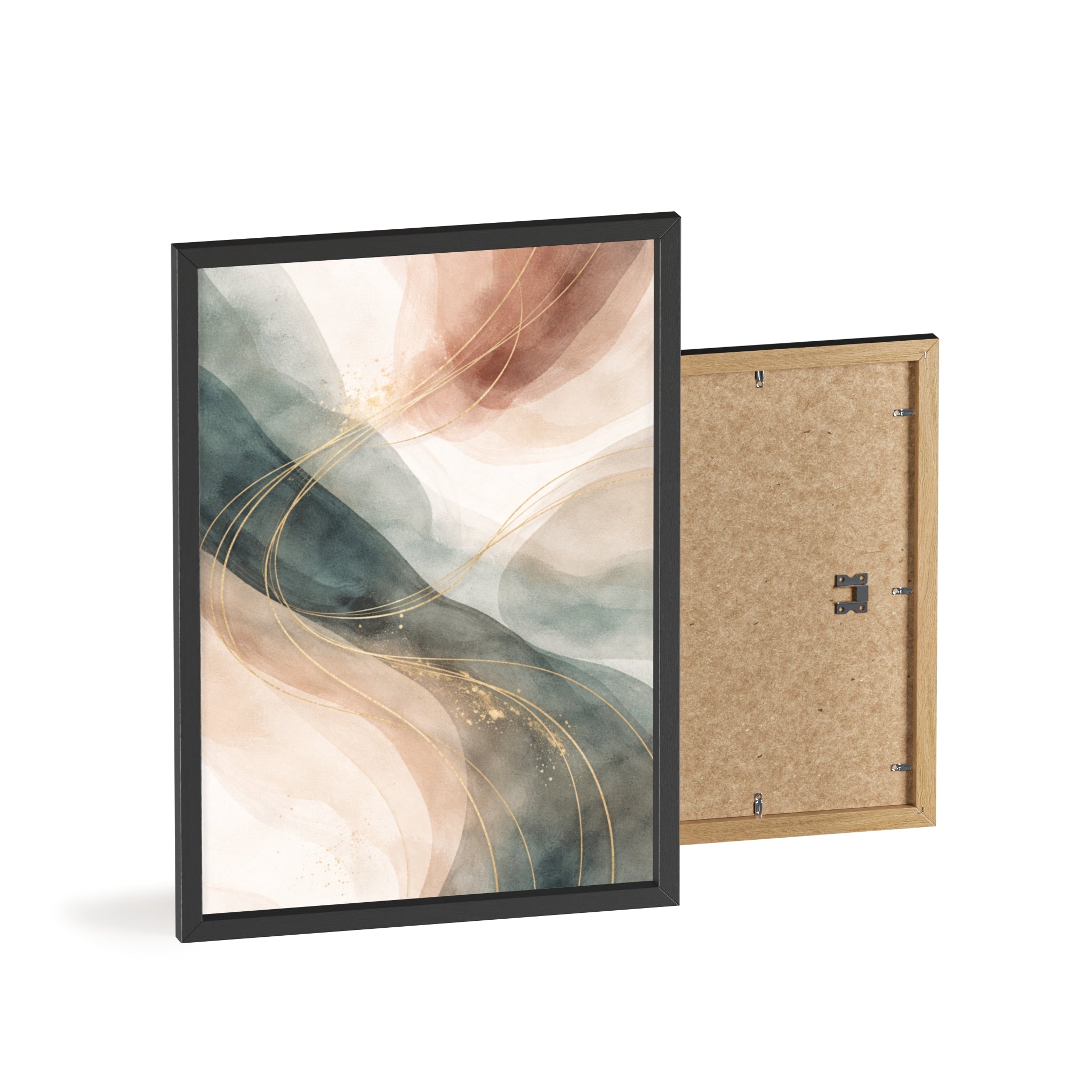 Abstract Gold Wave Poster Soft Peach & Teal Wall Art with Wooden Frame