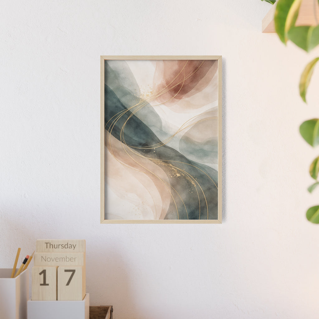 Abstract Gold Wave Poster Soft Peach & Teal Wall Art with Wooden Frame