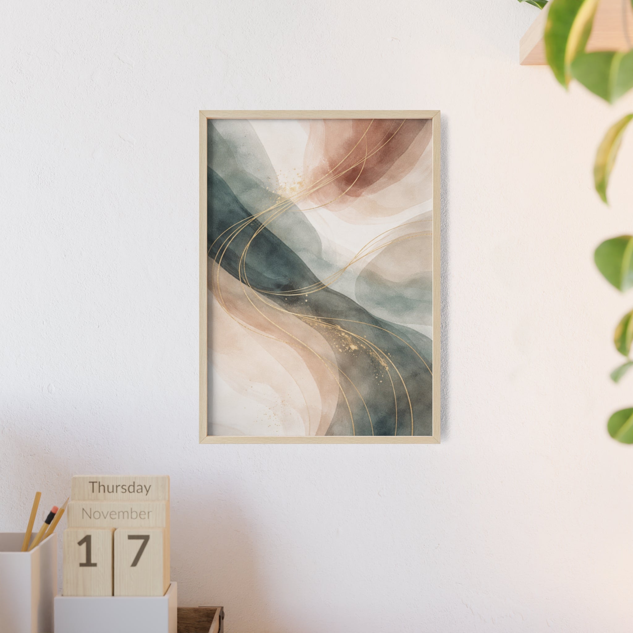 Abstract Gold Wave Poster Soft Peach & Teal Wall Art with Wooden Frame