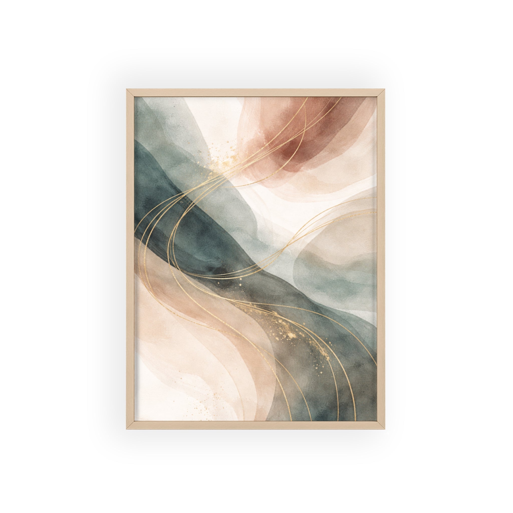 Abstract Gold Wave Poster Soft Peach & Teal Wall Art with Wooden Frame