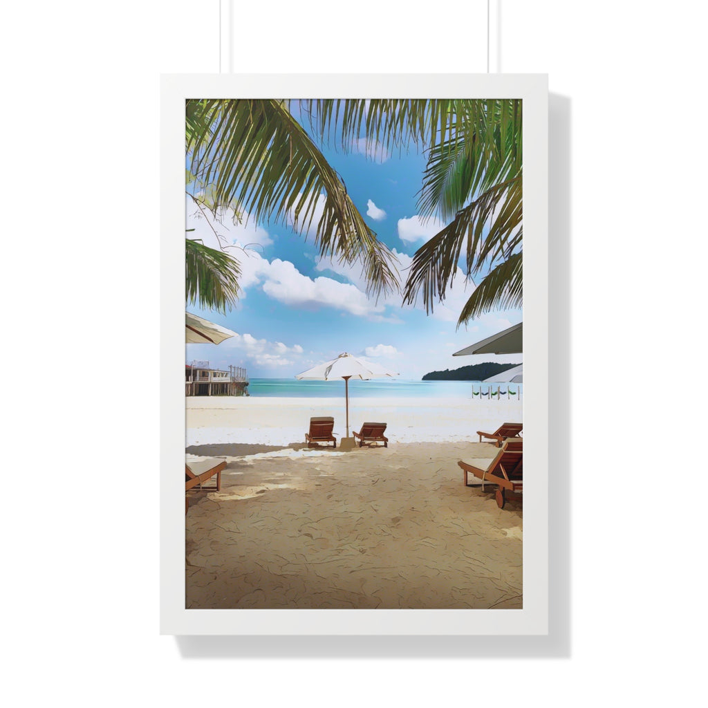 Tropical Beach Scene Palm Trees, Lounge Chairs, Ocean View Framed Vertical Poster