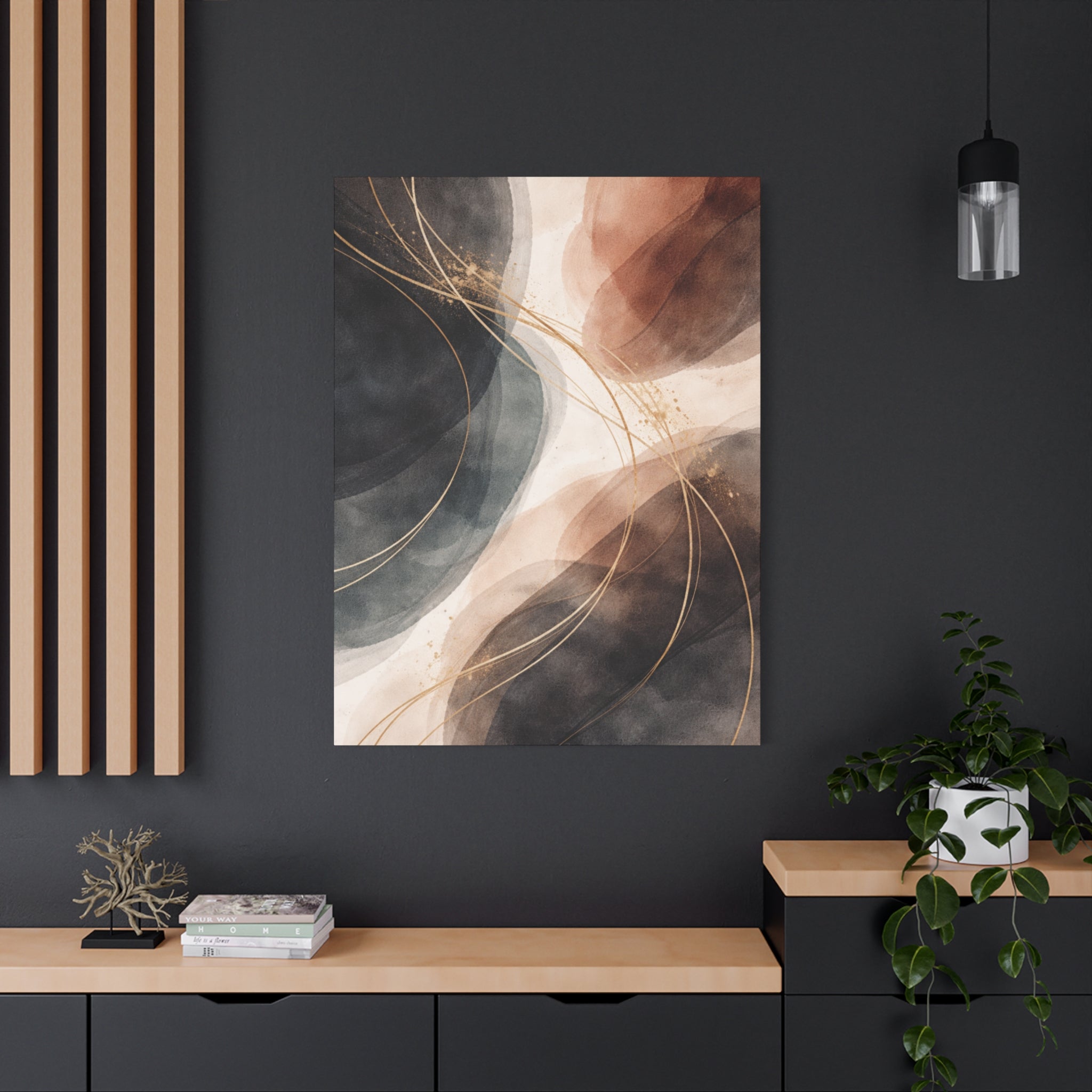 Abstract Earth Tones Matte Canvas Wall Art Modern Gold Line Accent