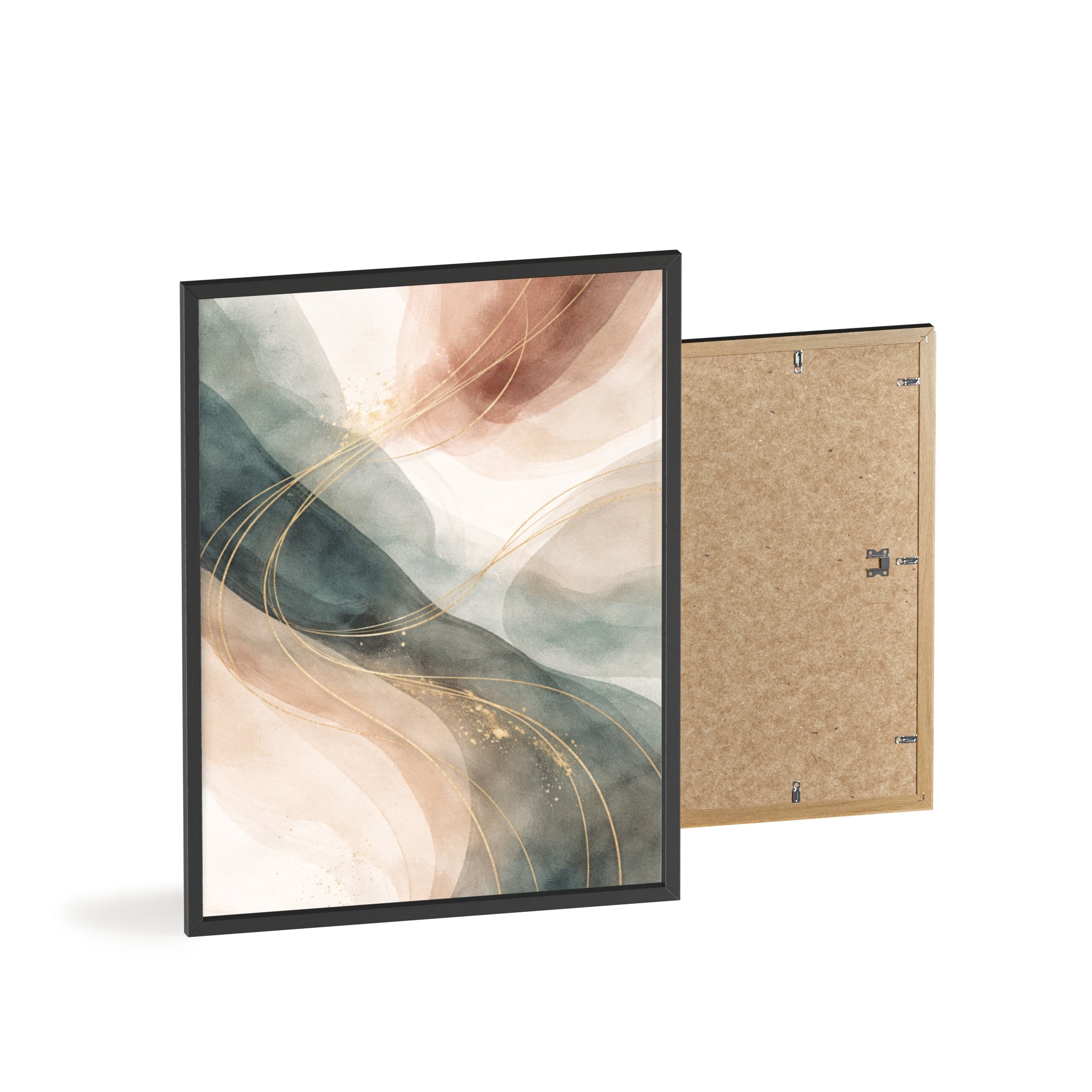 Abstract Gold Wave Poster Soft Peach & Teal Wall Art with Wooden Frame
