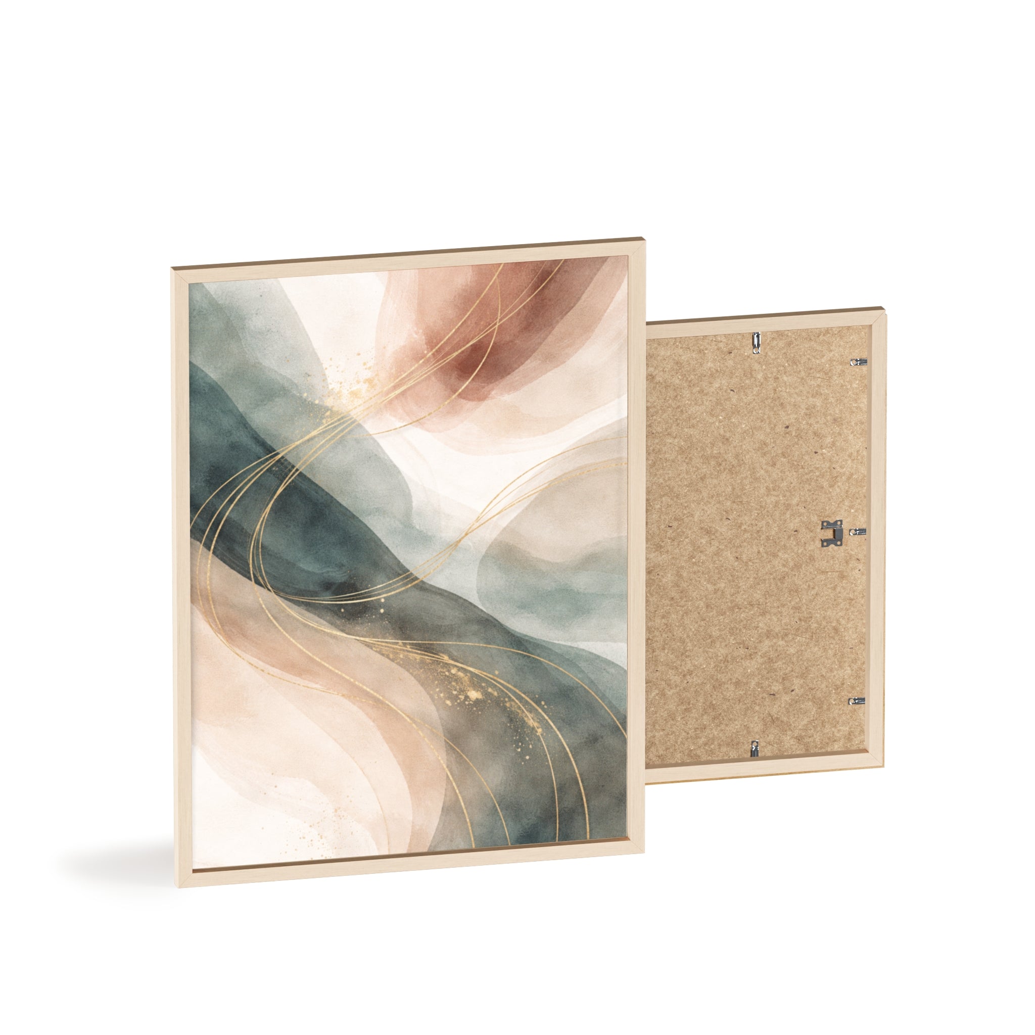 Abstract Gold Wave Poster Soft Peach & Teal Wall Art with Wooden Frame